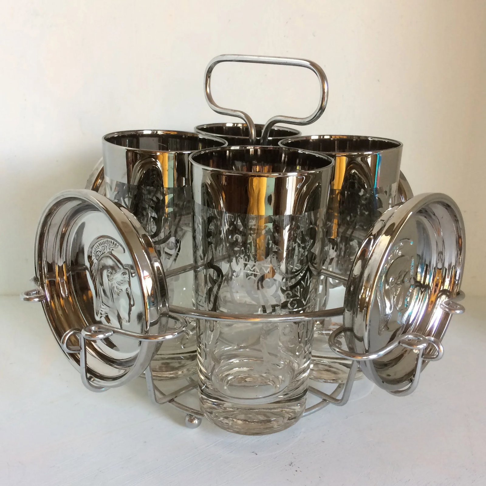 Platinum Banded Kimiko 4 Glass and 4 Coaster Cocktail Set in Caddie - 2