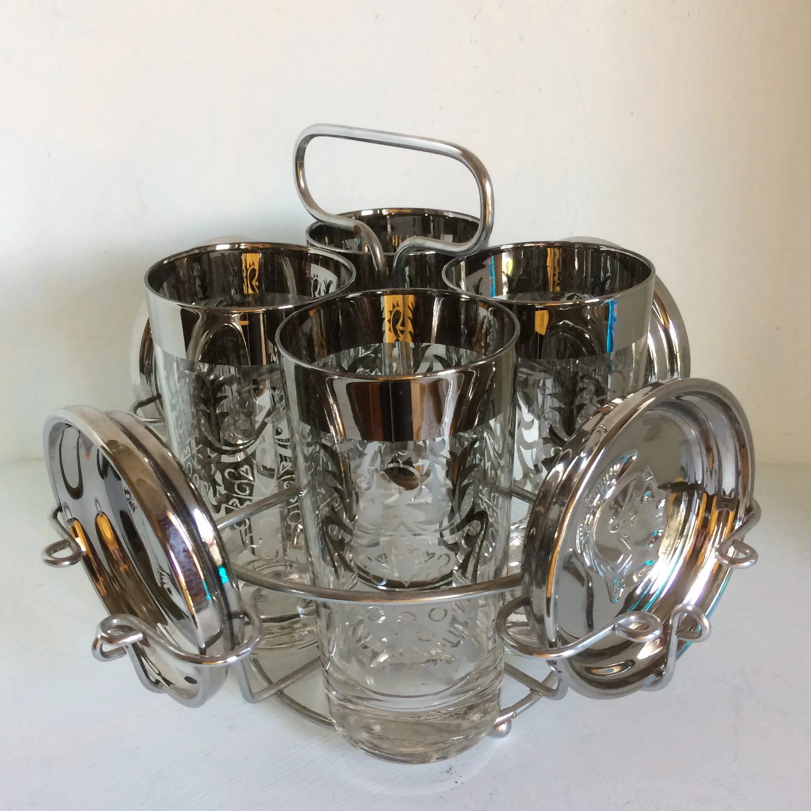 Platinum Banded Kimiko 4 Glass and 4 Coaster Cocktail Set in Caddie - 4