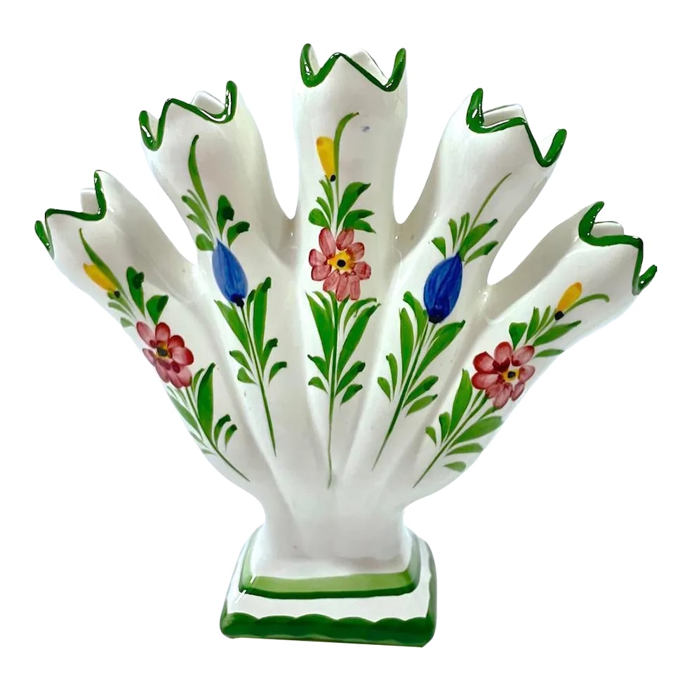 Vintage Portuguese Floral Ceramic Tulipiere Vase: Vintage Portuguese floral ceramic tulipiere vase. Hand-painted floral accents. Marked: "RCCI, Made In Portugal, Hand Painted, 410" on the underside. Condition: Alterations: Original Condition