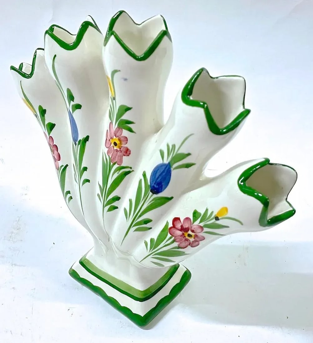 Vintage Portuguese Floral Ceramic Tulipiere Vase - 2