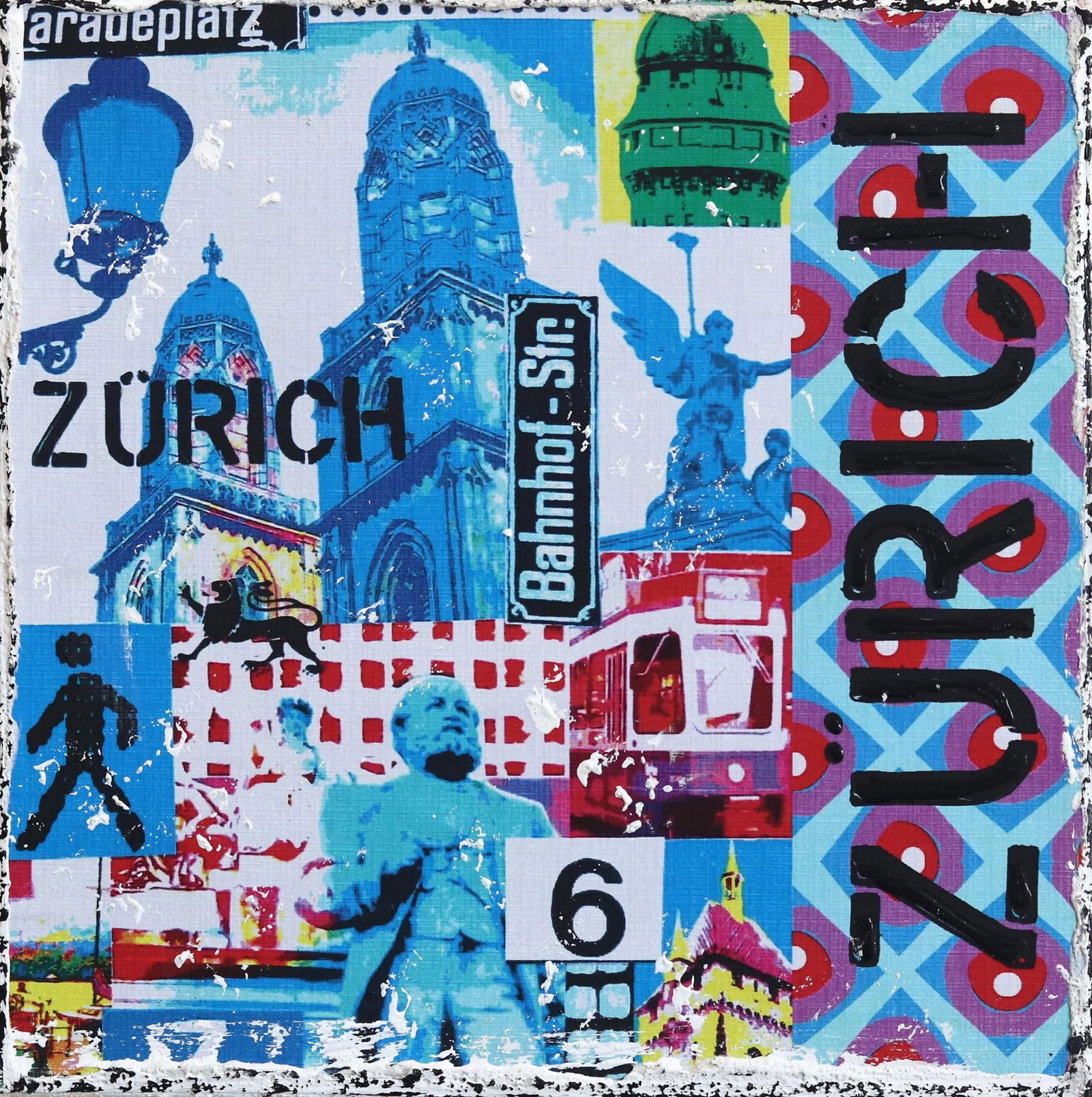 "Zurich 6" Original Artwork by Marion Duschletta: Swiss artist Marion Duschletta transforms luxury objects and urban landscapes from around the world into unique artworks. She layers an intriguing mixture of urban photographs and American Pop Icons o