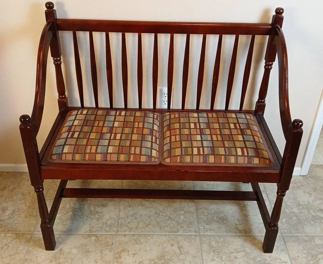 Antique Inspired Spindle Back Cherrywood Hall Bench With Removable Upholstered Seat. - 10