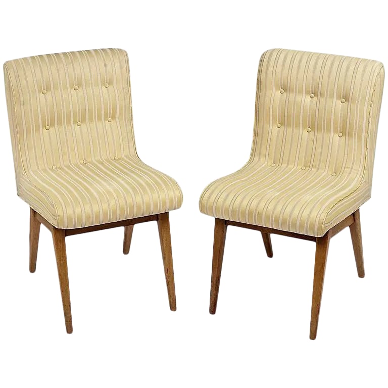 1940s Side Chairs - a Pair: Pair of button tufted side or slipper chairs with upholstered one piece seat that curves into the back. Bleached mahogany wood bases. Striped ivory and white silk upholstery is original. Uncommon base