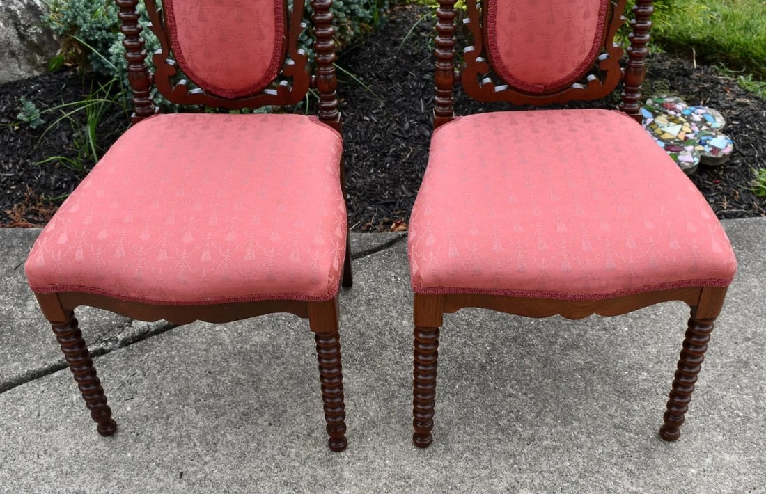 Antique Walnut Boudoir Chairs Victorian Side Spindle Carved Pair 1880s Coral - 3