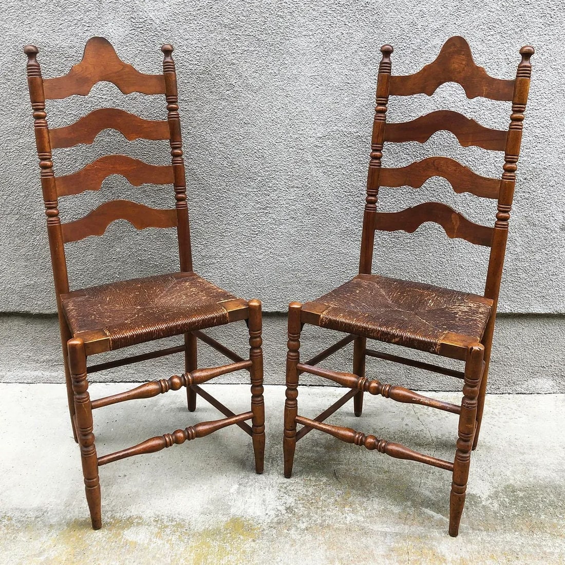 Pair of Early 20th Century Patinated Ladder Back Chairs - 2