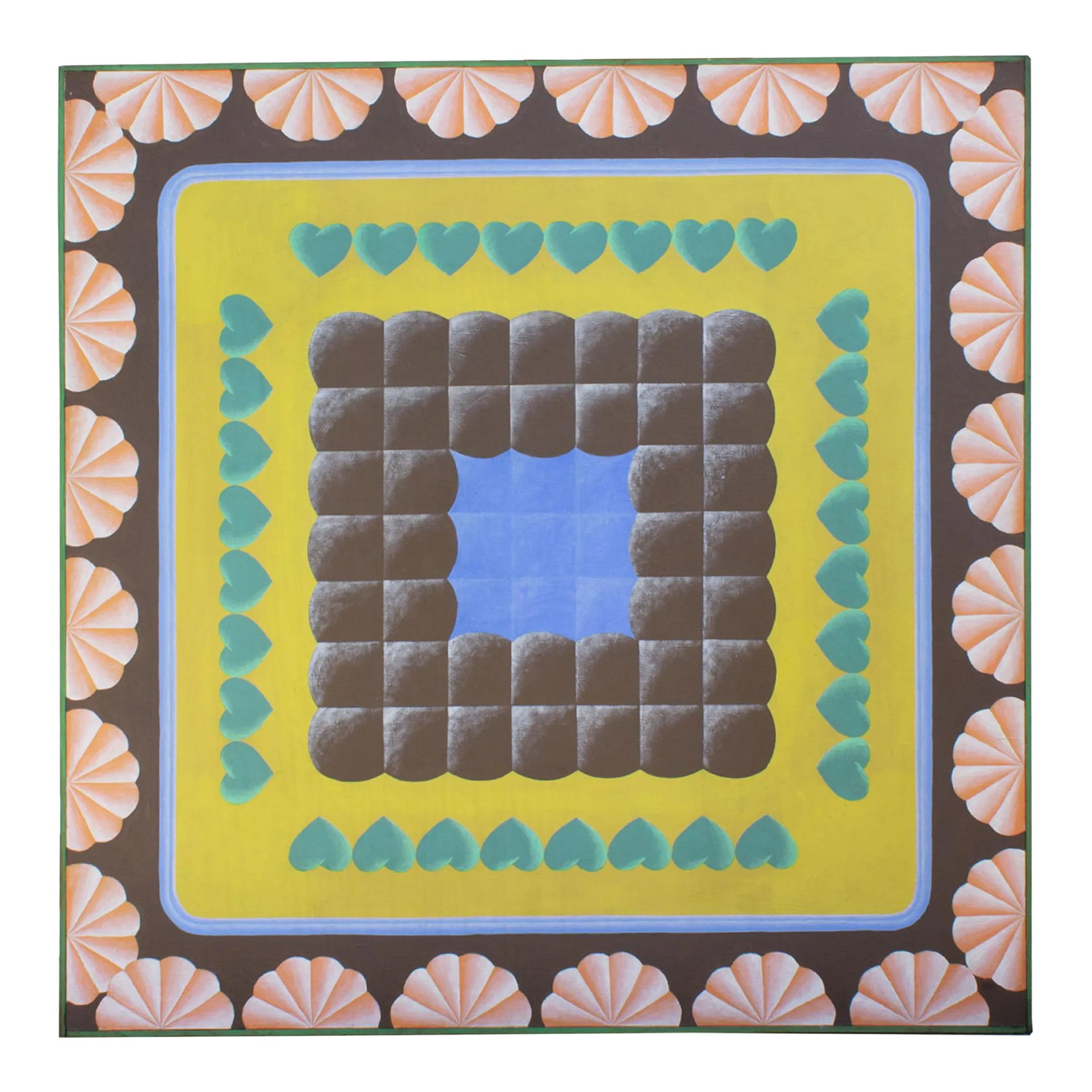 1968 "Interstate Fabrications" Abstract Oil on Canvas Painting Signed by Artist Steve Redman: A 1968 abstract oil on canvas painting titled, Interstate Fabrications, by Indiana artist Steve Redman (born 1944). The painting depicts a geometric projection of peach, blue and brown shapes that are