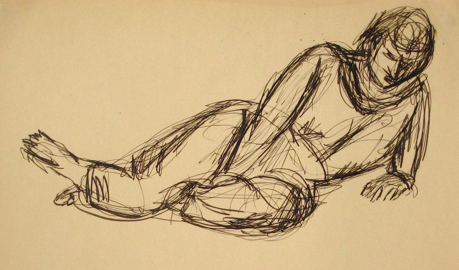 Relaxed Portrait, Circa Early 20th Century: This early to mid 20th century ink on paper drawing is by New York artist Jennings Tofel (1891-1959). Tofel was a friend of Georgia O'Keefe and Alfred Stieglitz. He received an art grant to work in Pa