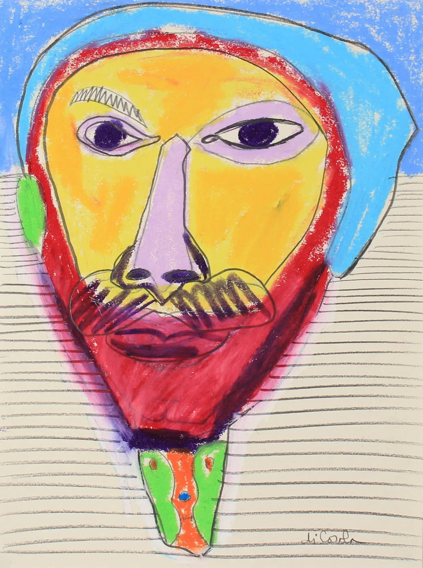 Michael Di Cosola Bright Abstracted Portrait Drawing in Oil Pastel, Late 20th Century - 2