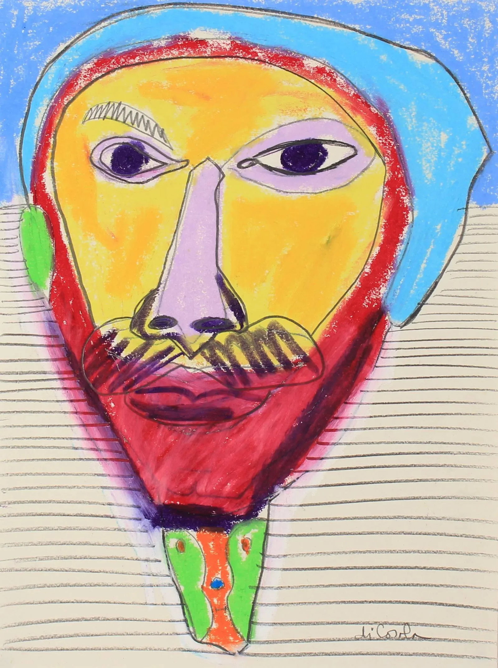 Michael Di Cosola Bright Abstracted Portrait Drawing in Oil Pastel, Late 20th Century - 3