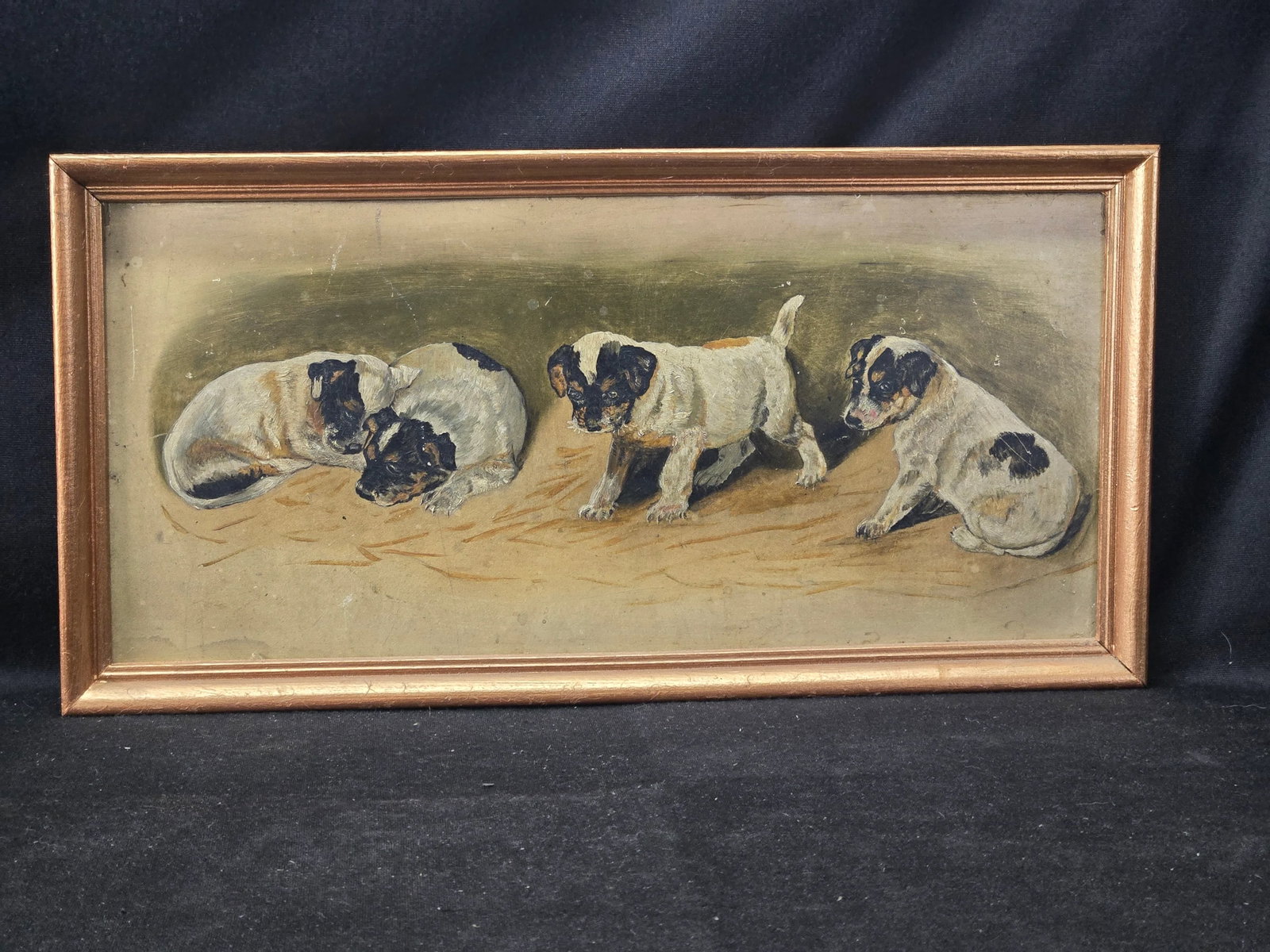1950s Vintage Painting of Four Terrier Puppies, Framed - 2