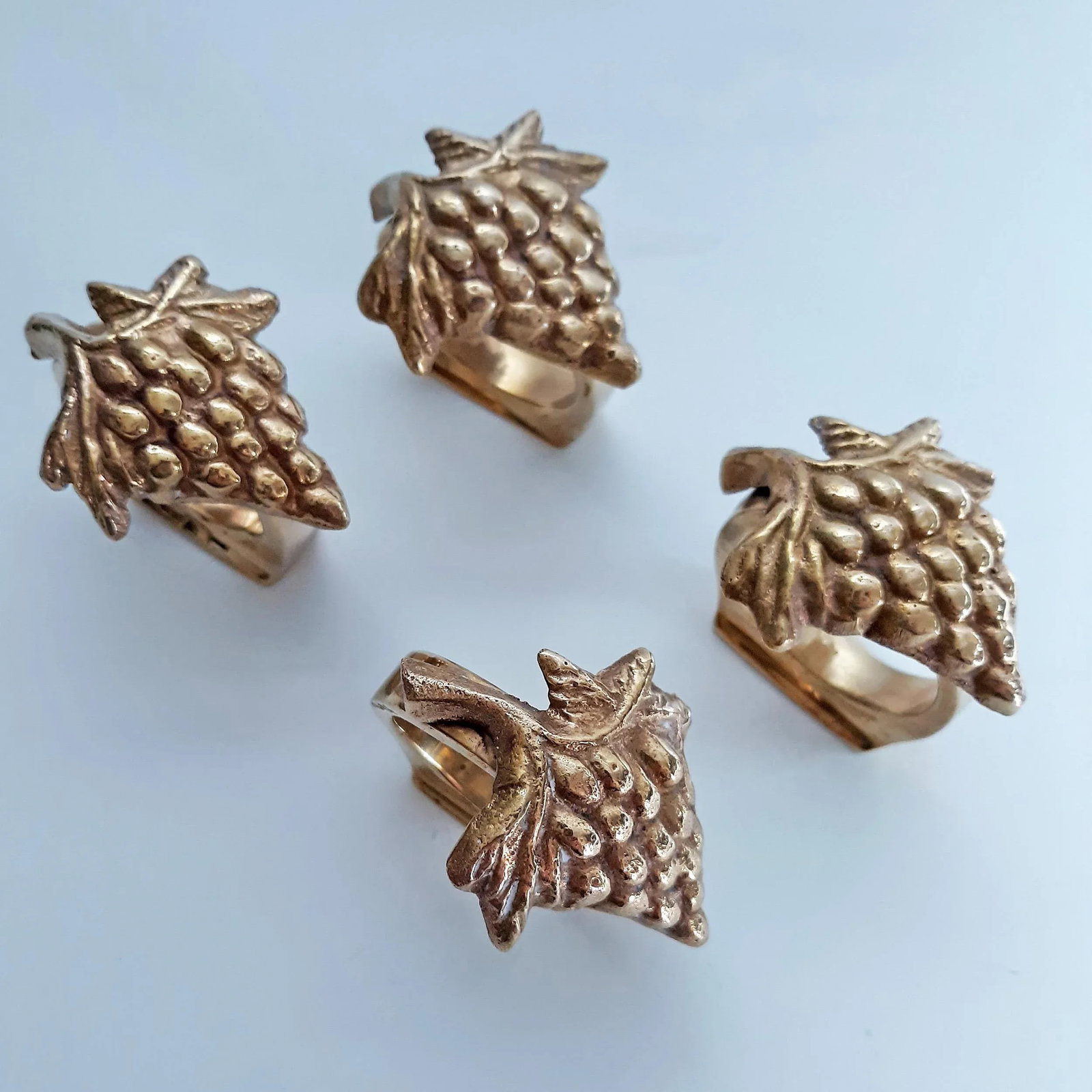 Vintage Solid Brass Grape Vineyard Motif Napkin Rings - Set of 4 - 2