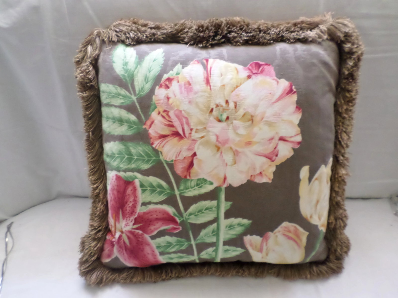 Brown Feather Pillow With Flowers & Chinese Vase Design - 12