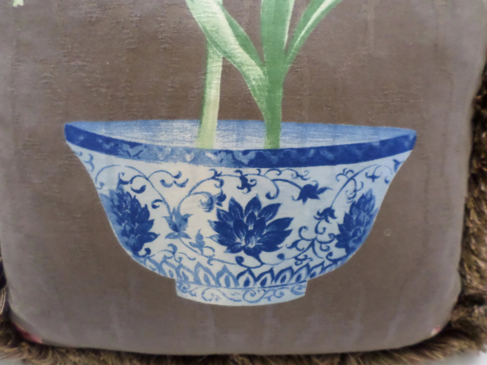 Brown Feather Pillow With Flowers & Chinese Vase Design - 4
