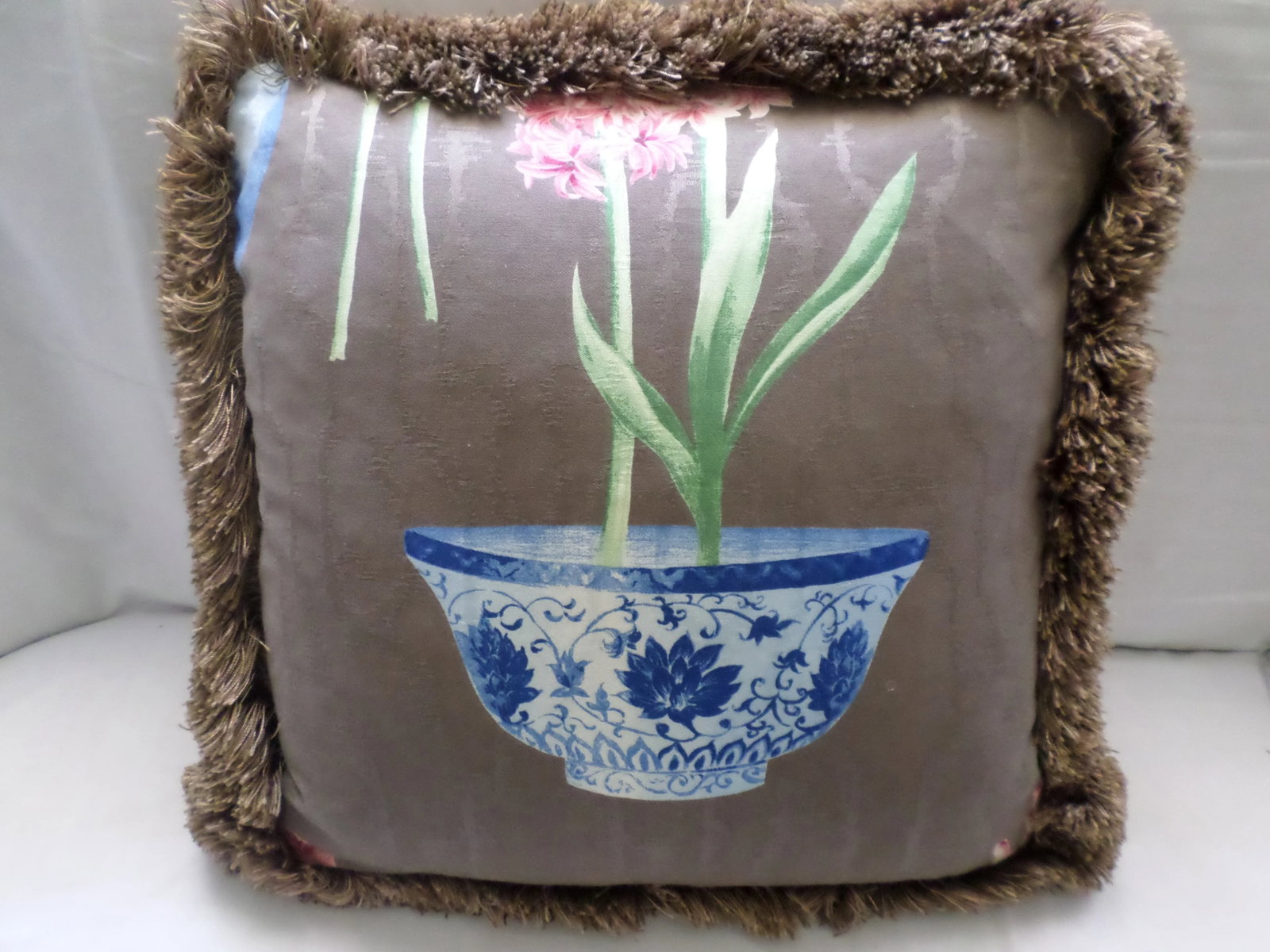 Brown Feather Pillow With Flowers & Chinese Vase Design - 5