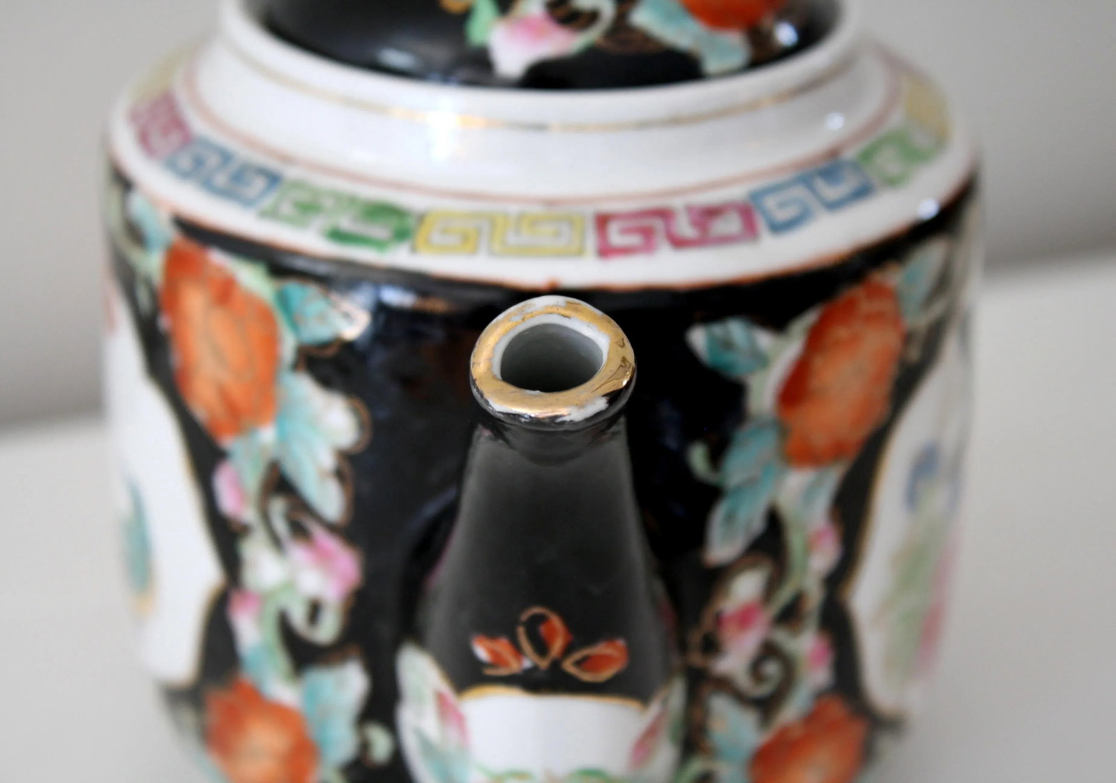 Chinoiserie Style Chinese Black Gold and Multi-Colored Greek Key Teapot - 11