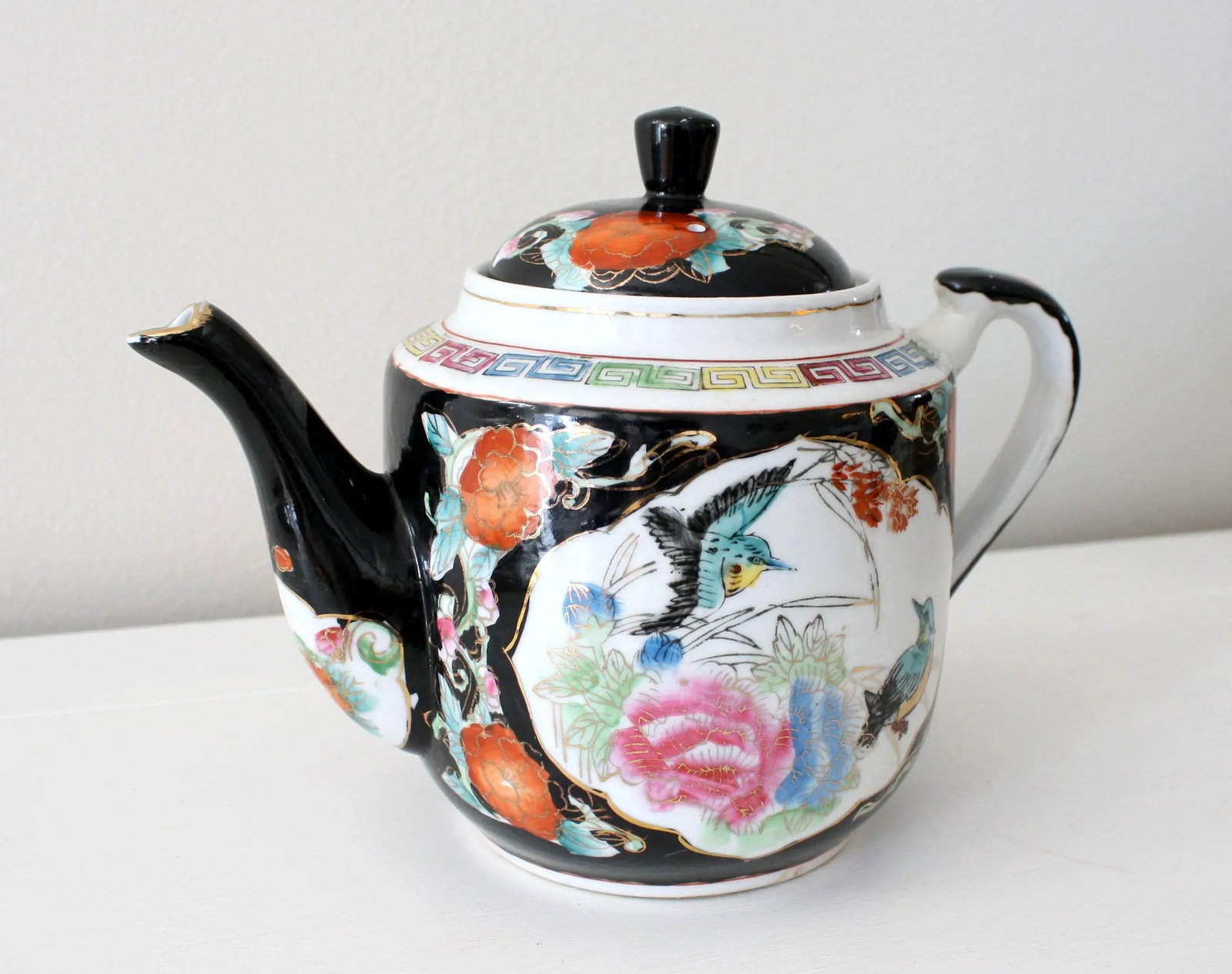 Chinoiserie Style Chinese Black Gold and Multi-Colored Greek Key Teapot - 13