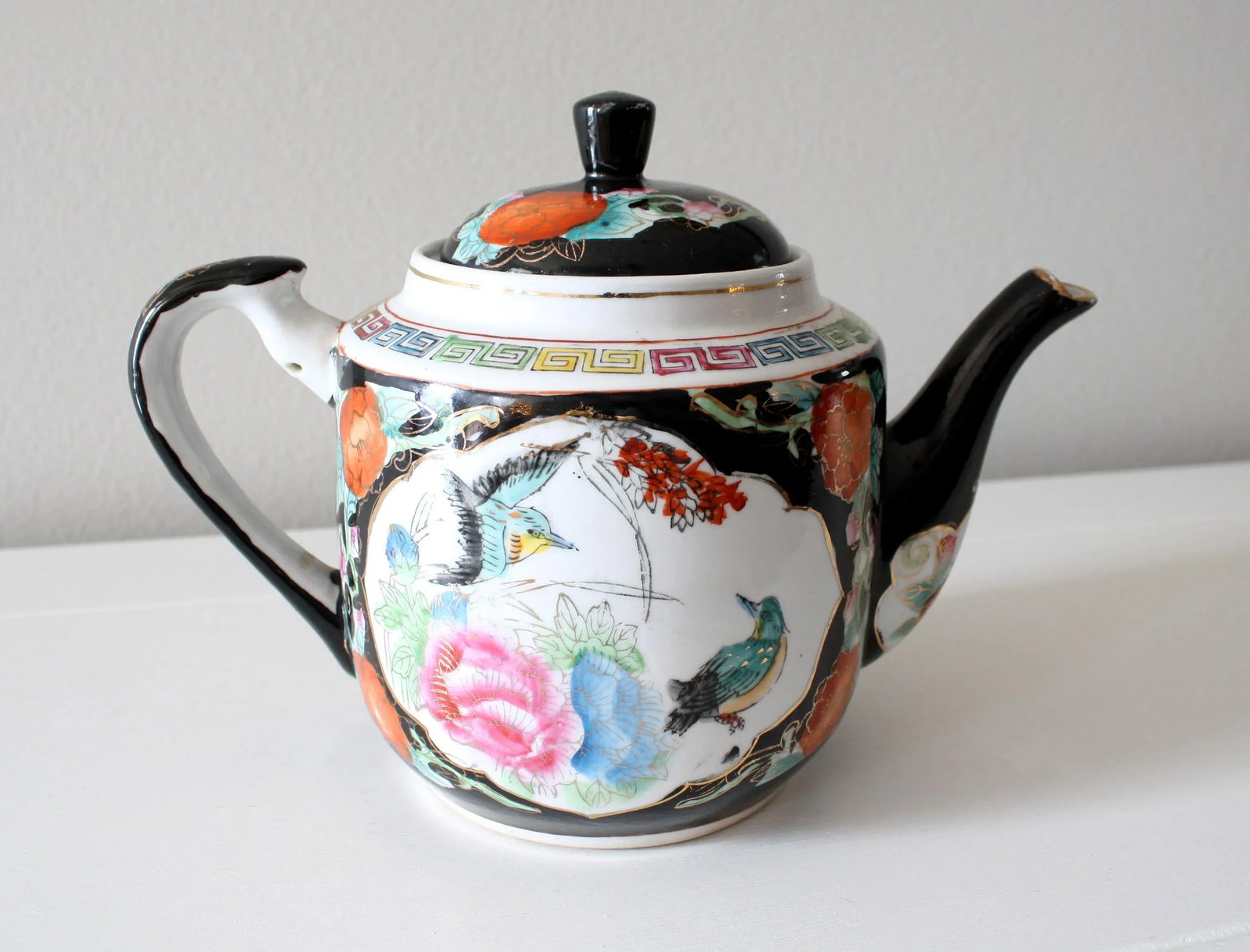 Chinoiserie Style Chinese Black Gold and Multi-Colored Greek Key Teapot - 2