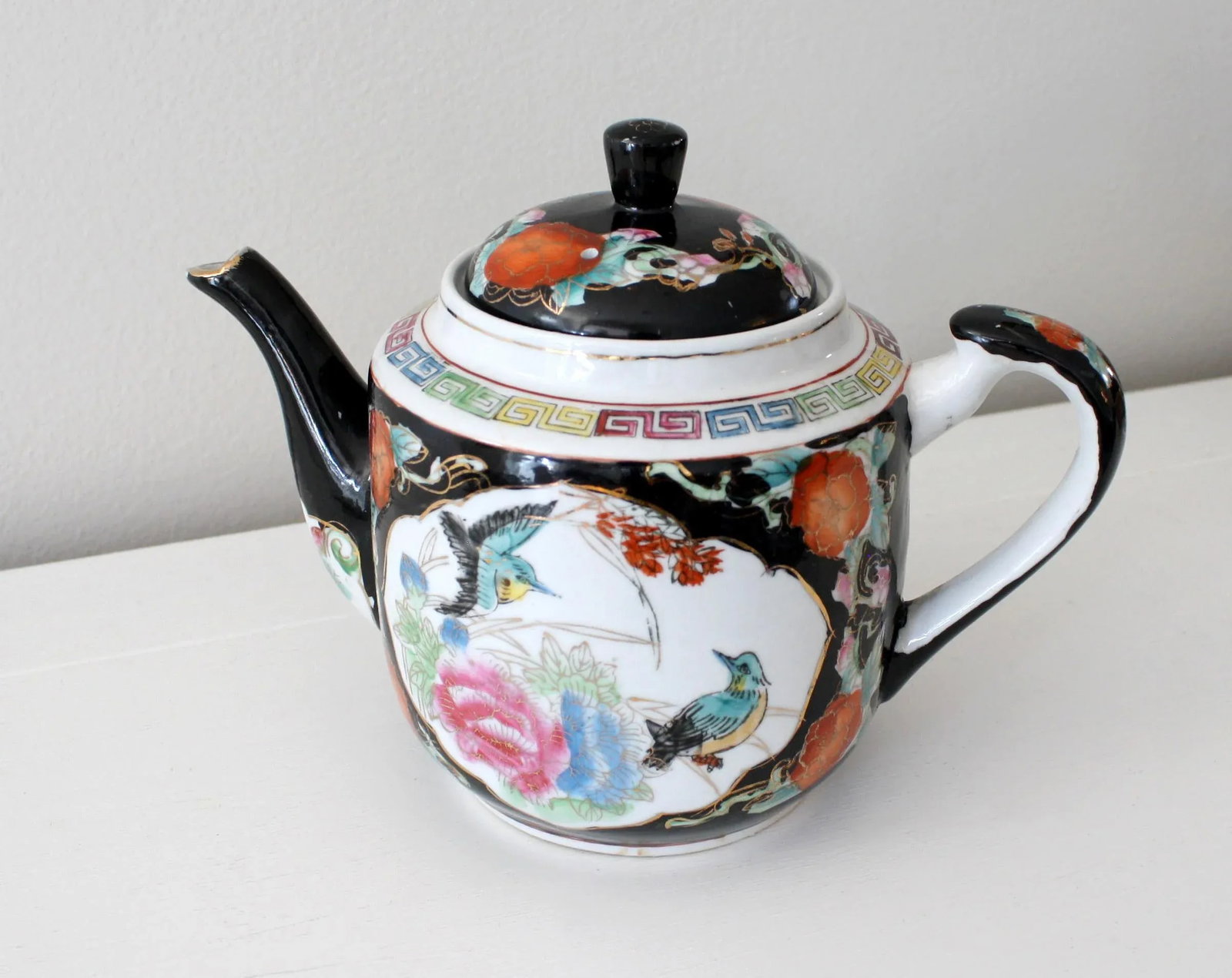 Chinoiserie Style Chinese Black Gold and Multi-Colored Greek Key Teapot - 3