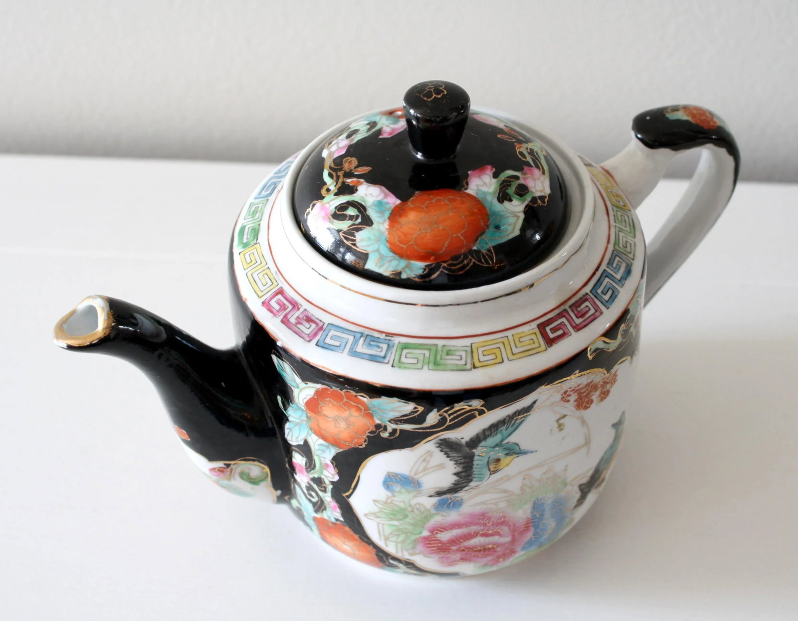 Chinoiserie Style Chinese Black Gold and Multi-Colored Greek Key Teapot - 4