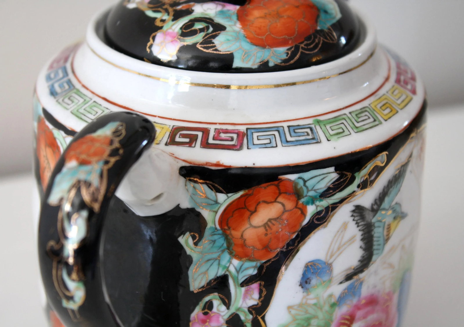 Chinoiserie Style Chinese Black Gold and Multi-Colored Greek Key Teapot - 5