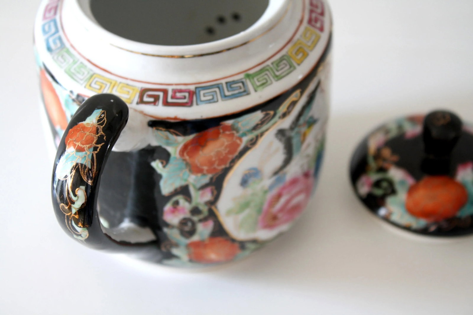 Chinoiserie Style Chinese Black Gold and Multi-Colored Greek Key Teapot - 6