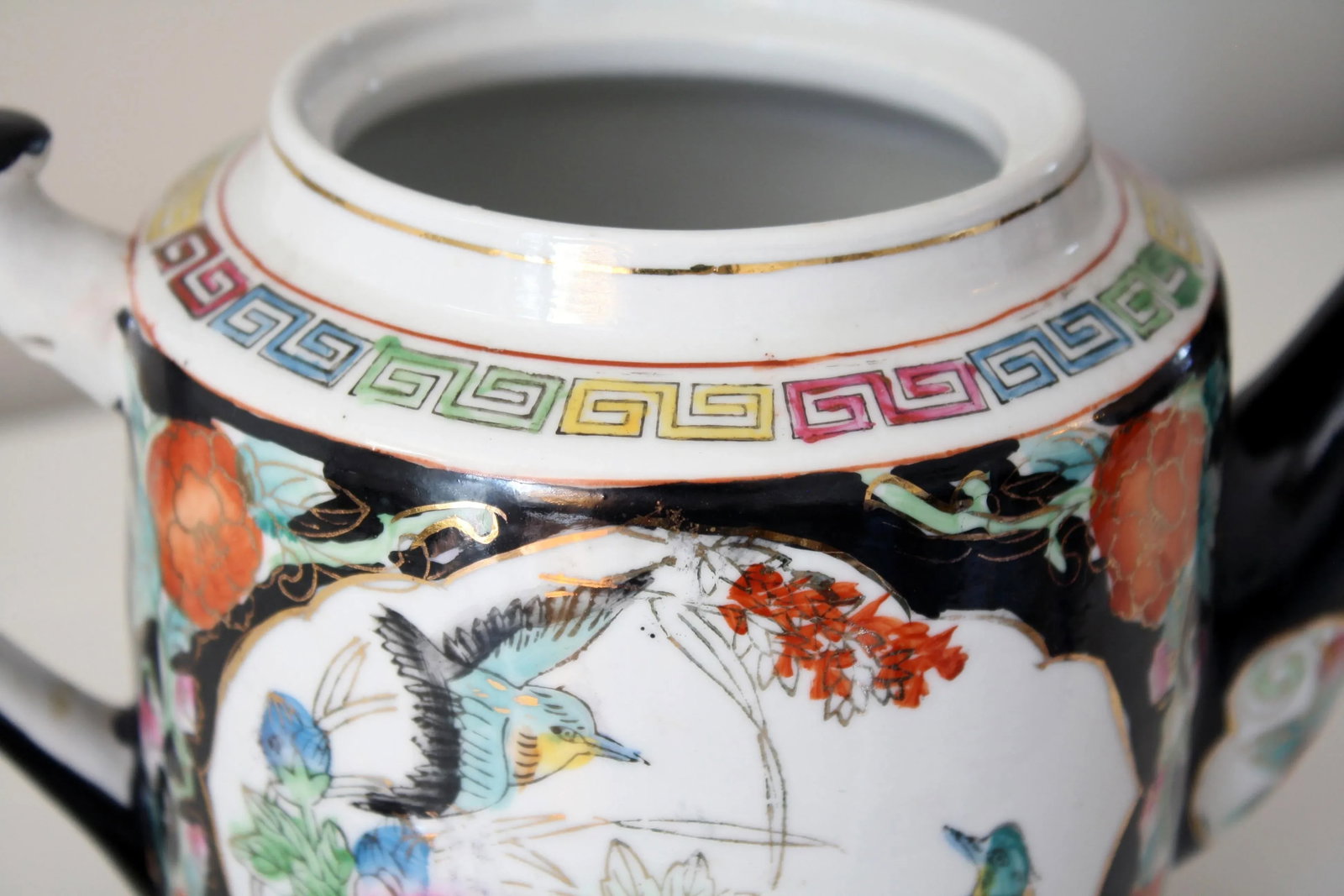 Chinoiserie Style Chinese Black Gold and Multi-Colored Greek Key Teapot - 7