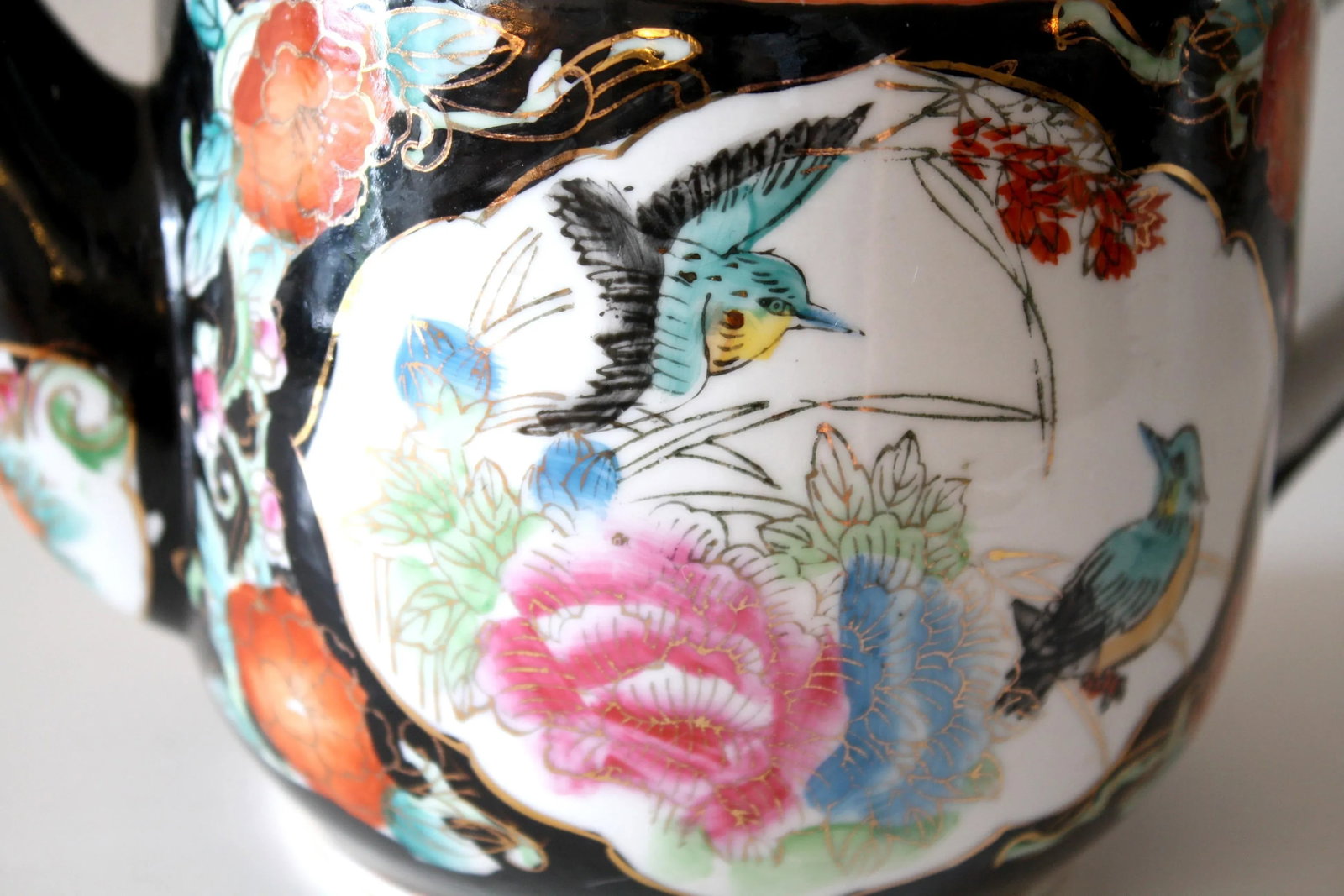 Chinoiserie Style Chinese Black Gold and Multi-Colored Greek Key Teapot - 8