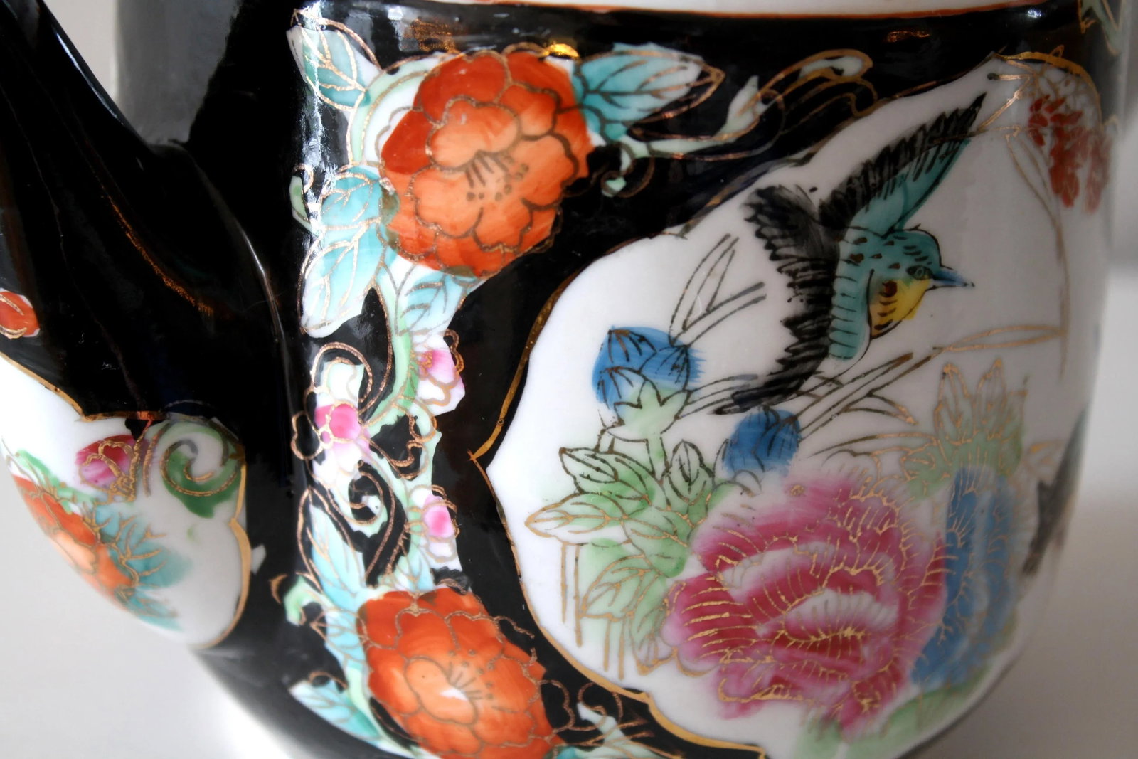 Chinoiserie Style Chinese Black Gold and Multi-Colored Greek Key Teapot - 9