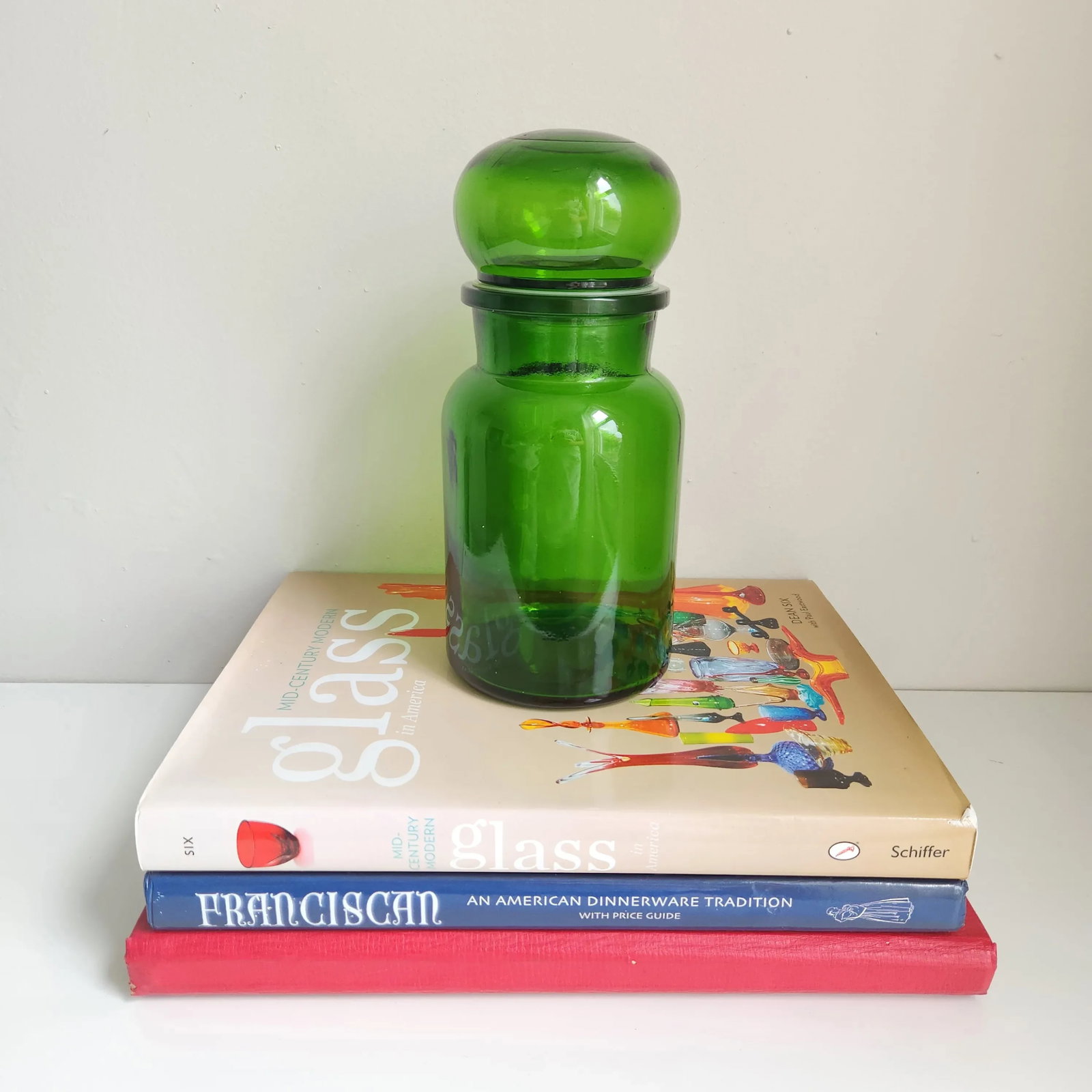 Vintage Emerald Green Belgium Apothecary Jar Canister Container Bubble Lid - 2