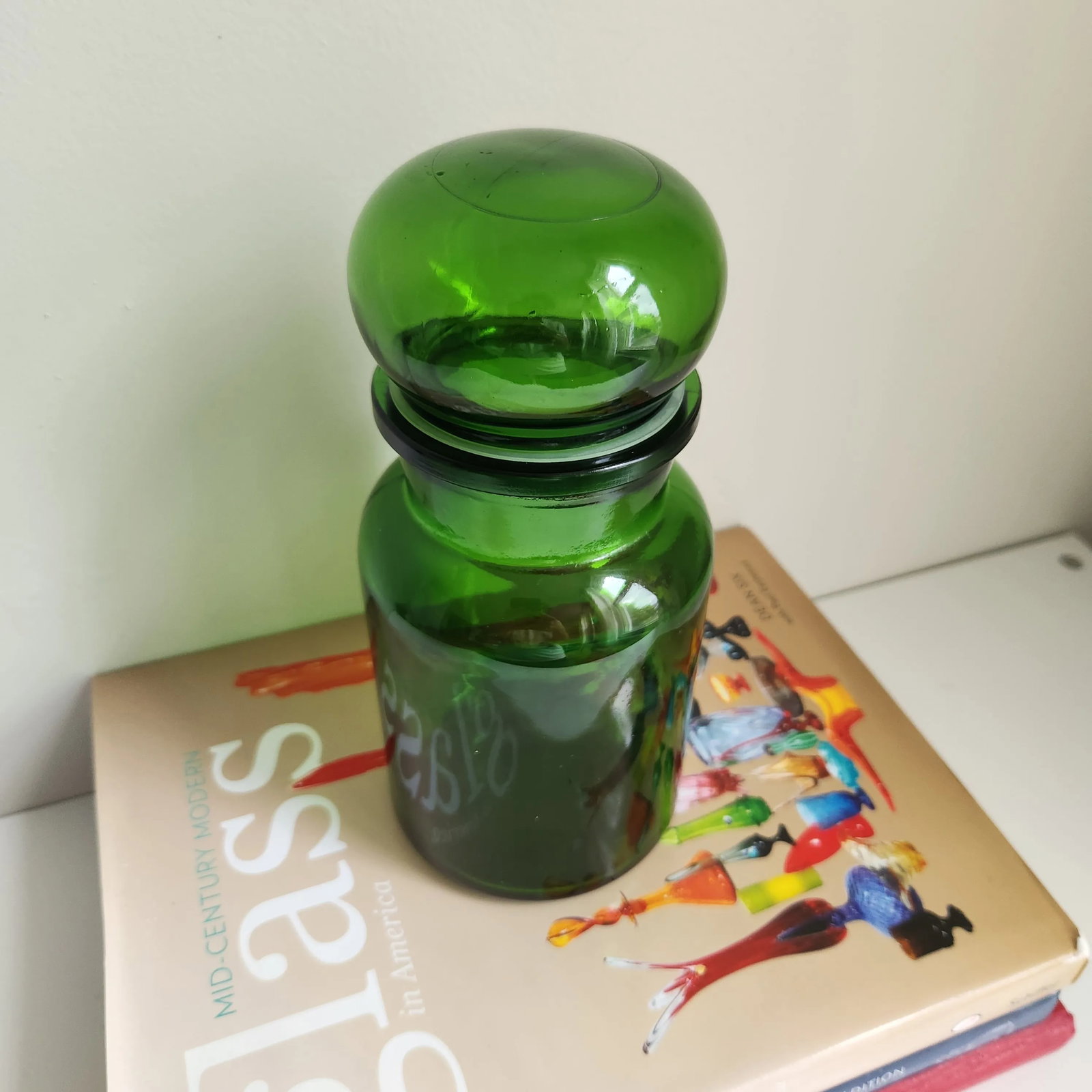 Vintage Emerald Green Belgium Apothecary Jar Canister Container Bubble Lid - 3