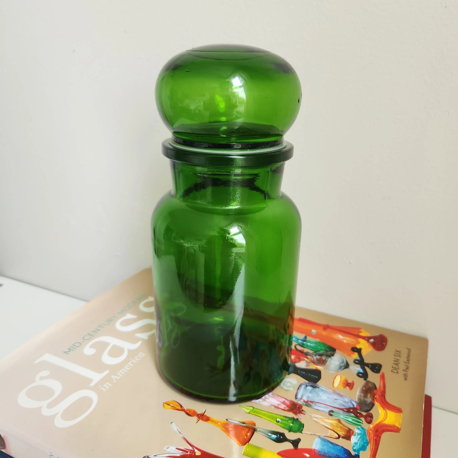 Vintage Emerald Green Belgium Apothecary Jar Canister Container Bubble Lid - 5