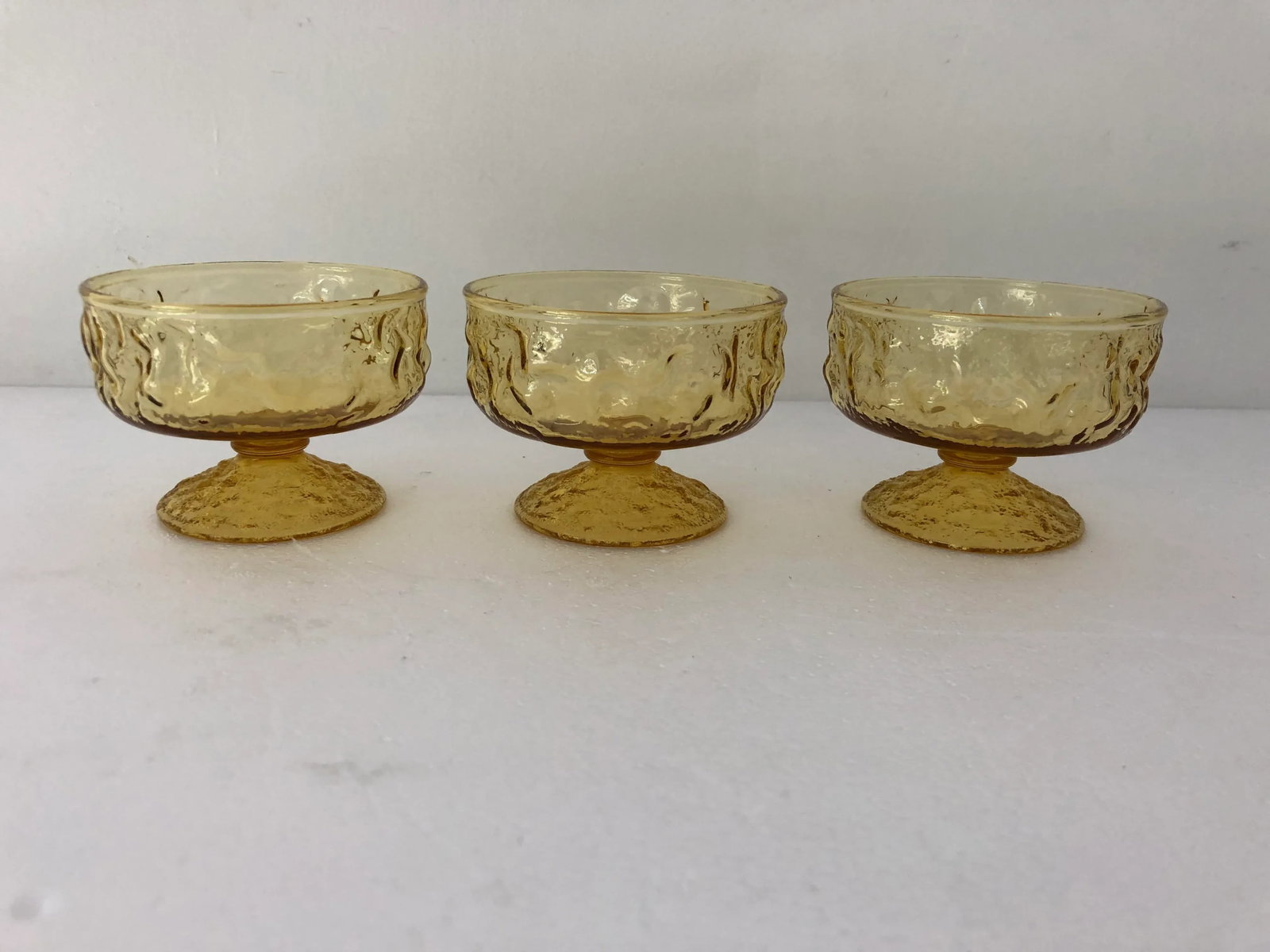 Midcentury Anchor Hocking Milano Crinkle Amber Sherbet /Dessert Glasses S/3 - 5