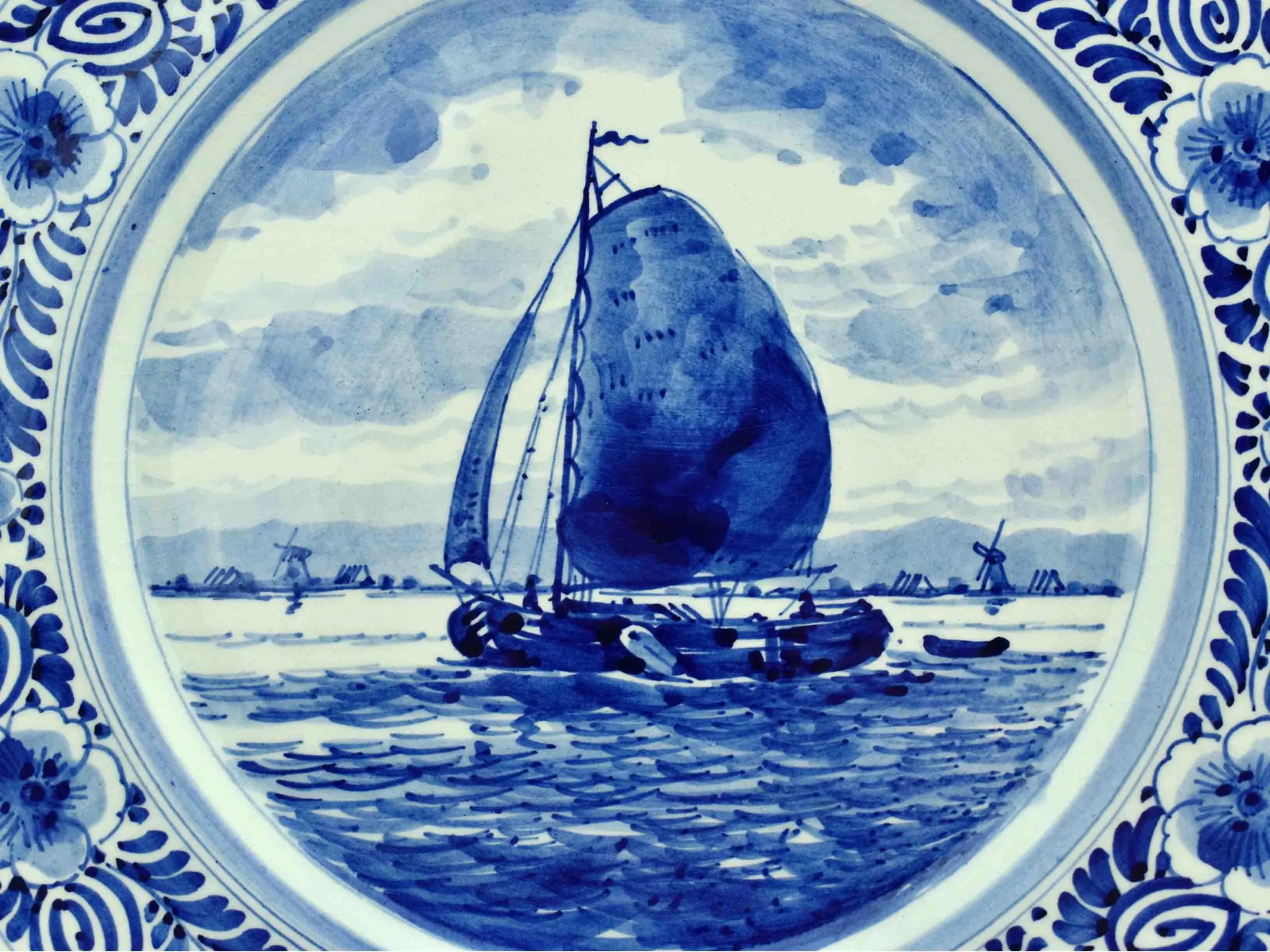 Mid 20th Century Hand Painted White and Blue Delft Sailing Boat Wall Decorative Plate - 2