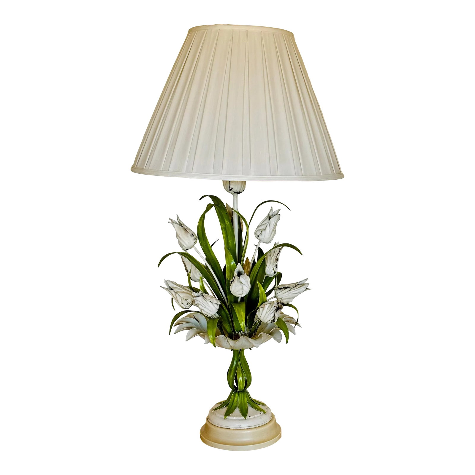 Mid Century Italian Painted Metal Floral Lamp: A metal lamp in the form of tulips in an urn. The flowers painted white with green leaves. Italian style and craftsmanship from the 1960's. Condition: Alterations: Original Condition Unaltered Imperfe