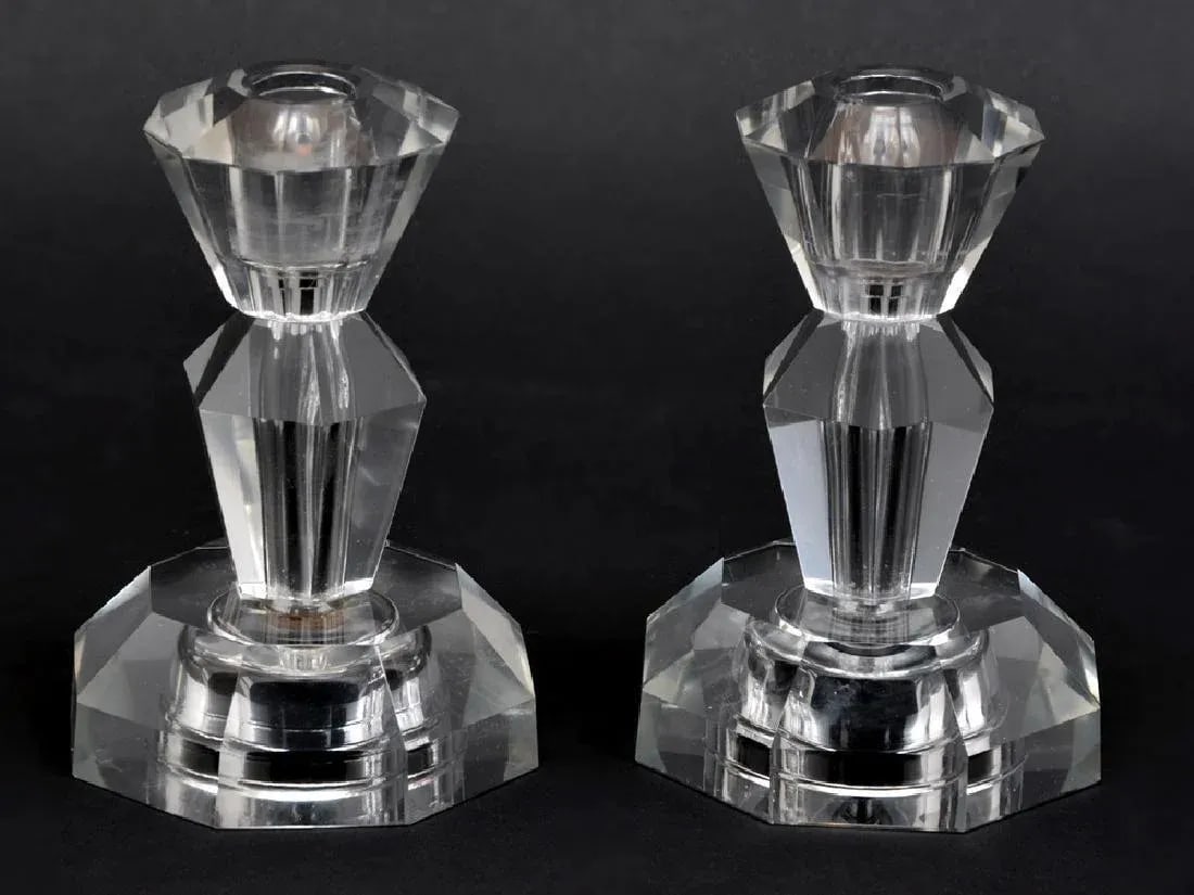 Art Deco Crystal Candle Holders - a Pair - 3
