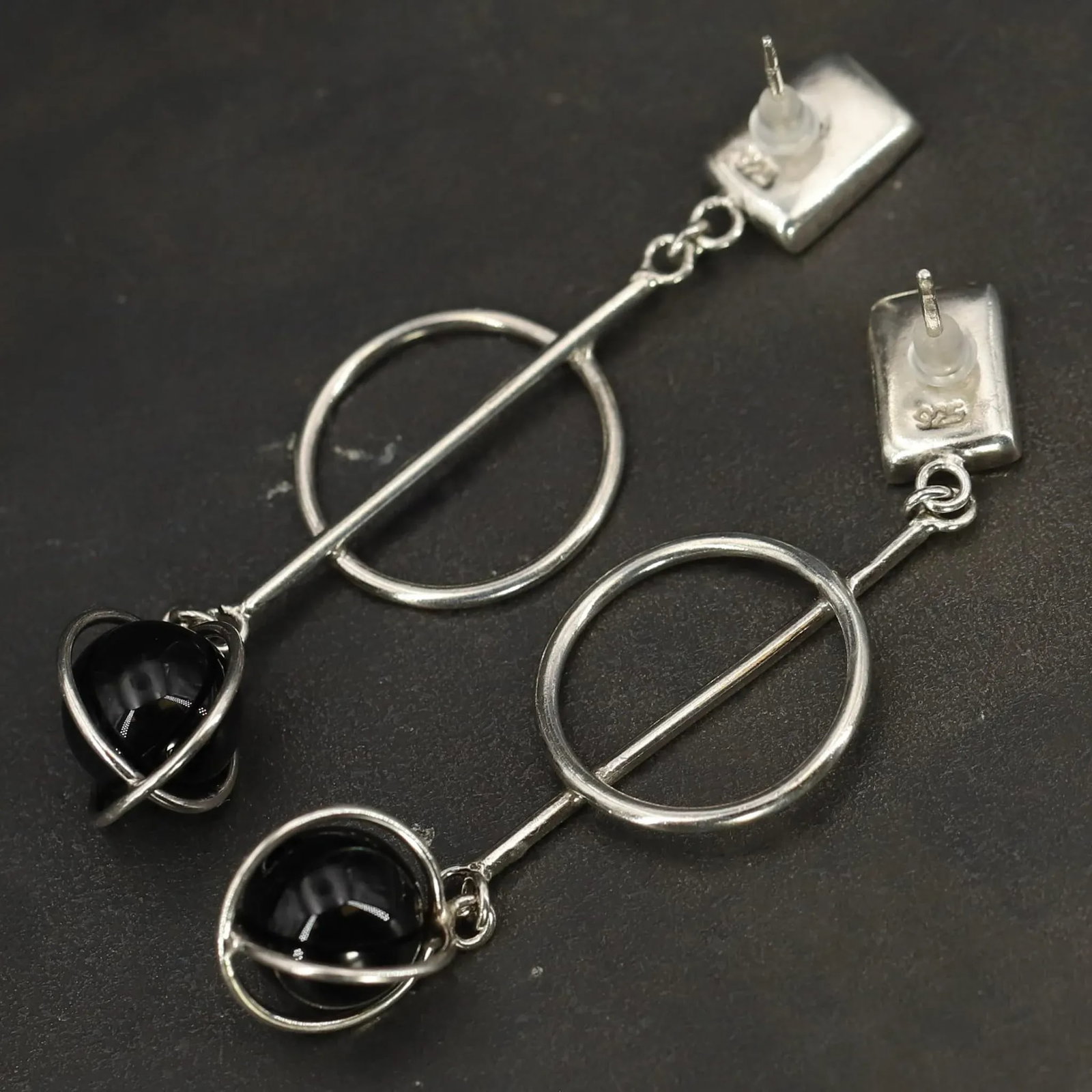 1970s Art Deco Style Onyx and Sterling Dangle Post Earrings - 2 Pieces - 8