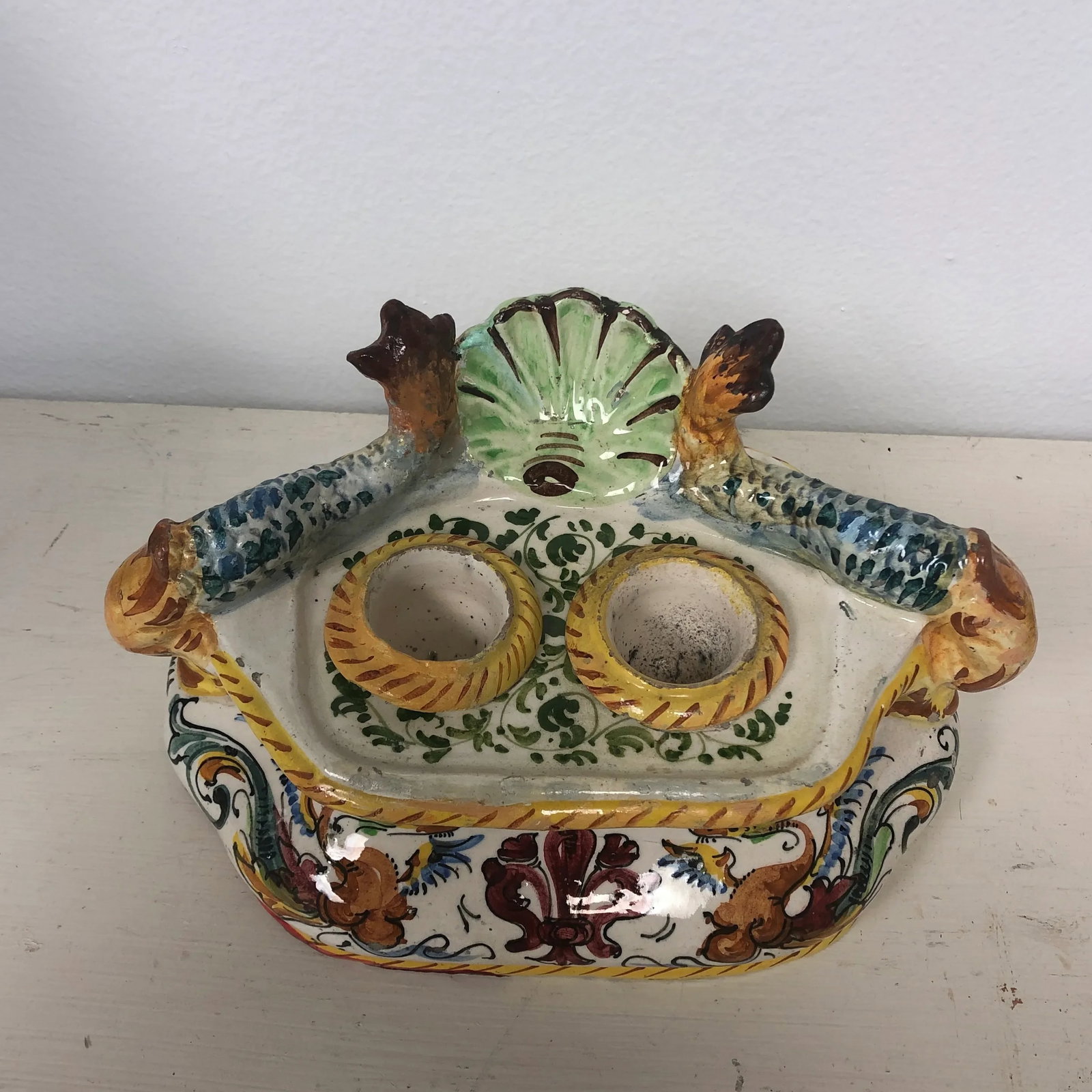 Italian Faience Dolphin Handle Inkwell - 2