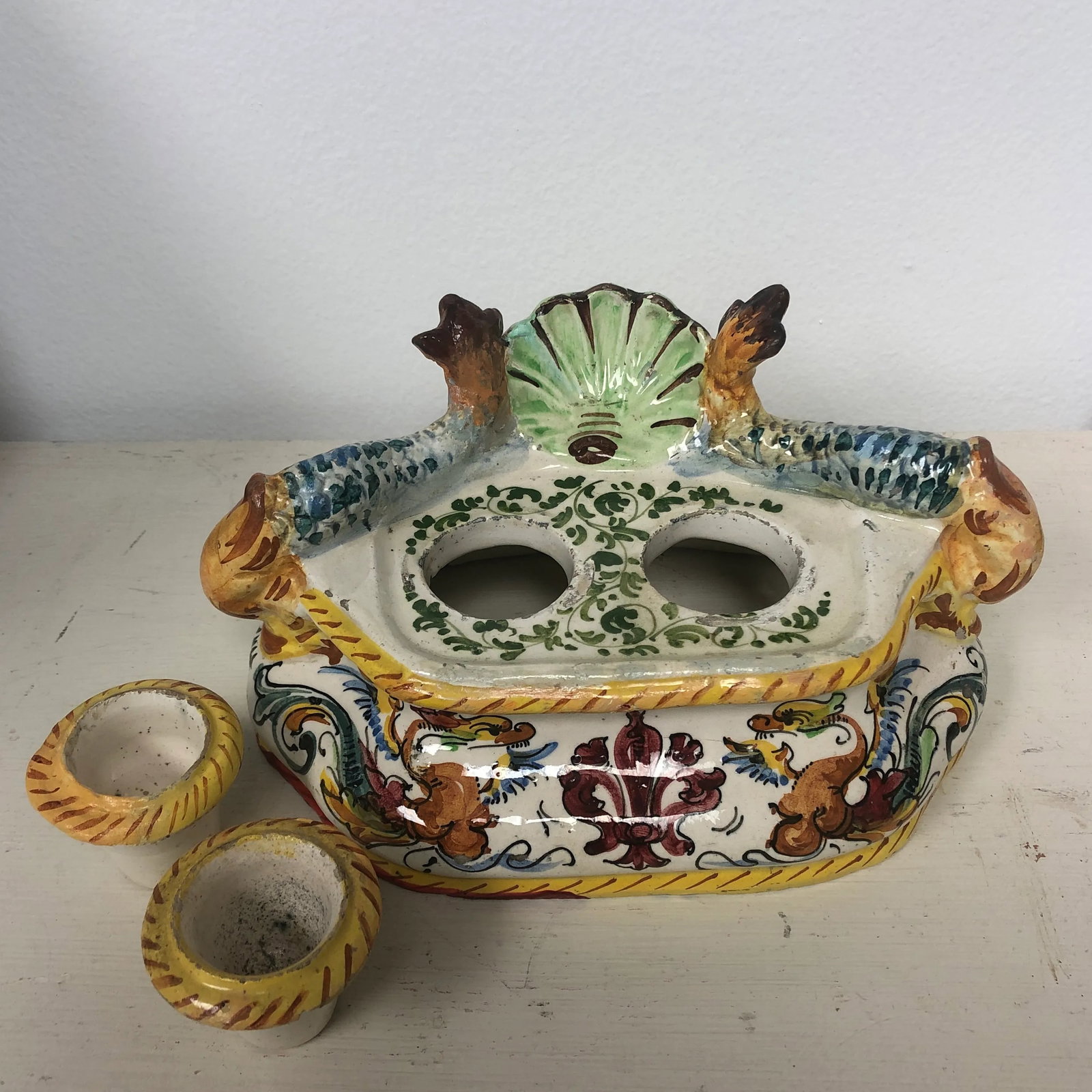 Italian Faience Dolphin Handle Inkwell - 7