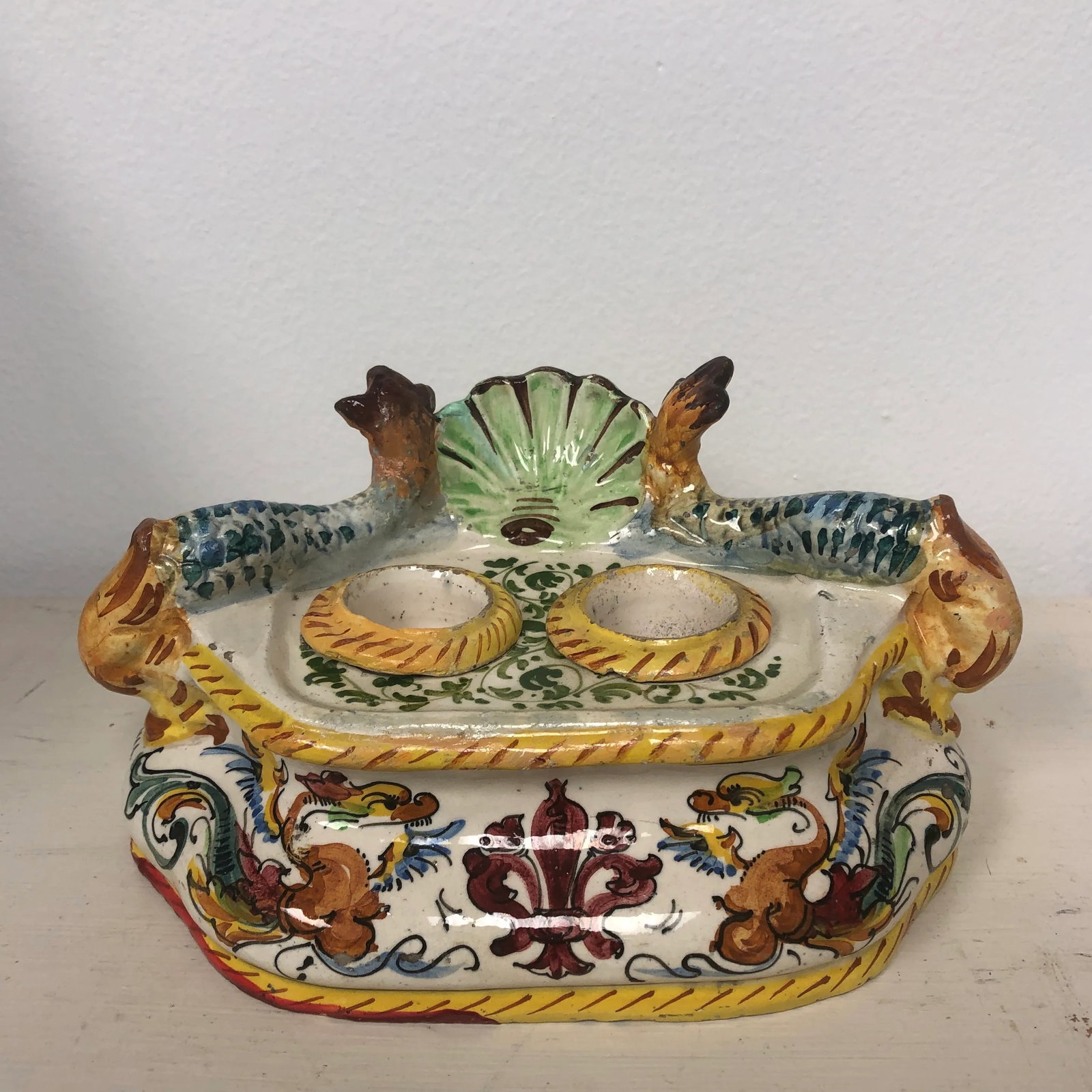 Italian Faience Dolphin Handle Inkwell - 9