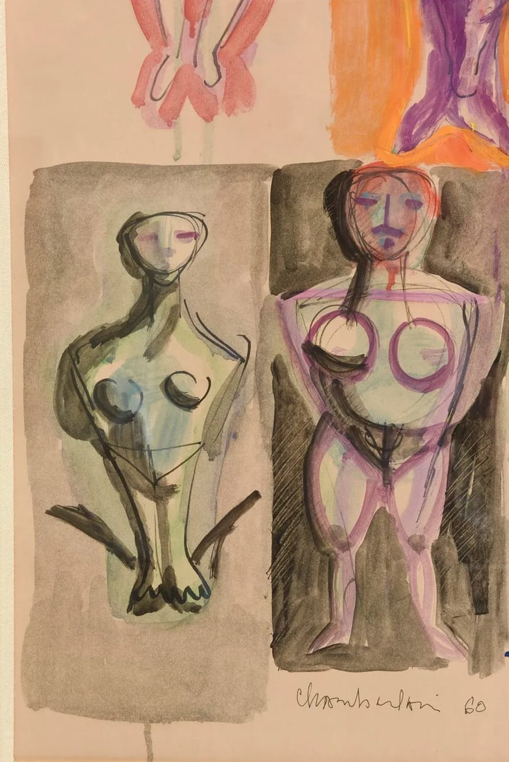 Vintage Signed Watercolor Style of George Condo by Chamberlain Museum Custom Framed - 5
