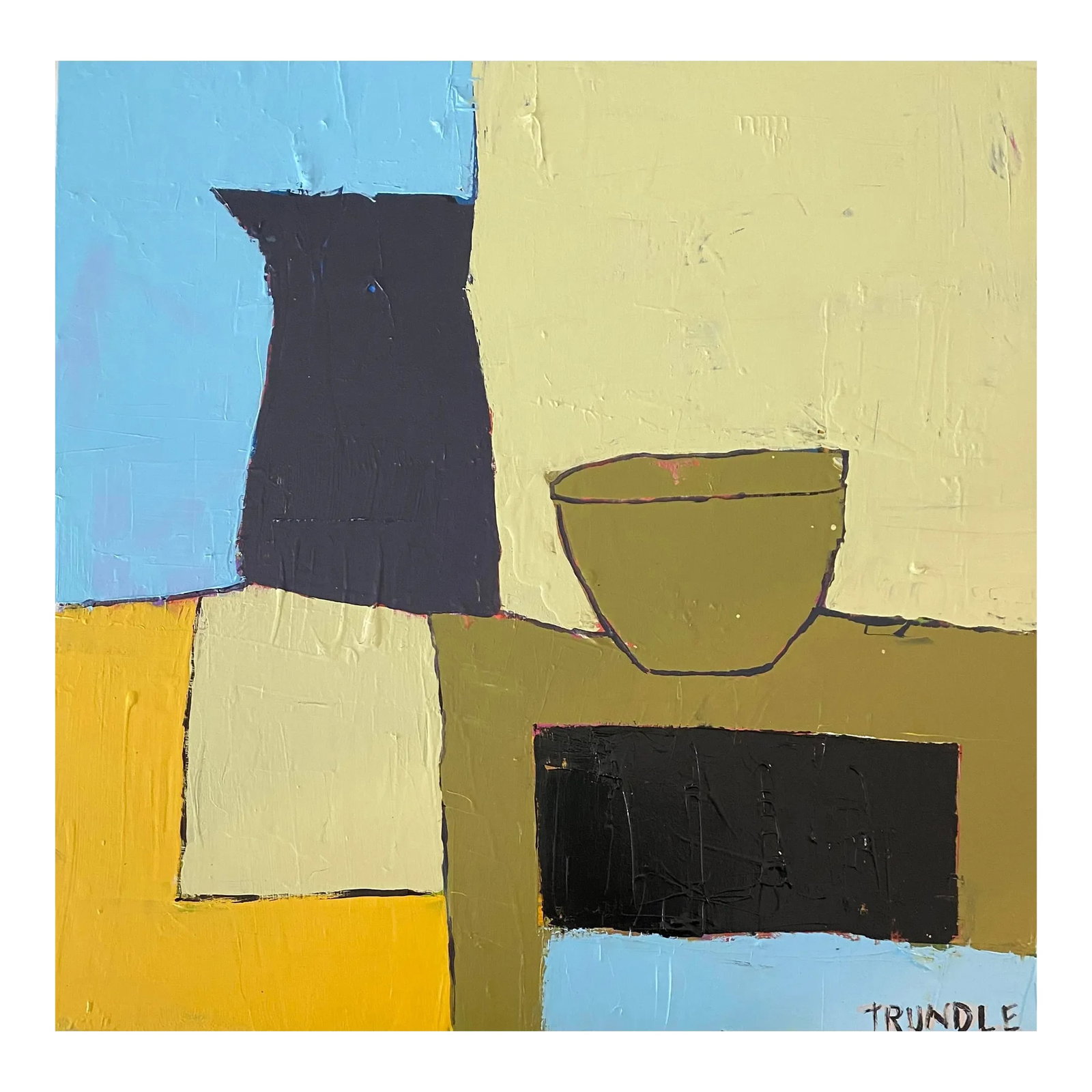 Sarah Trundle, Contemporary Abstract Still Life Painting, "Familiarities": Acrylic on cradled wood panel, 16 x 16 x 1.5. Edges painted pale gray, back wired, ready to hang. Condition: Imperfections: No Imperfections Origin: United States Creator: Artist: Sarah Trundle