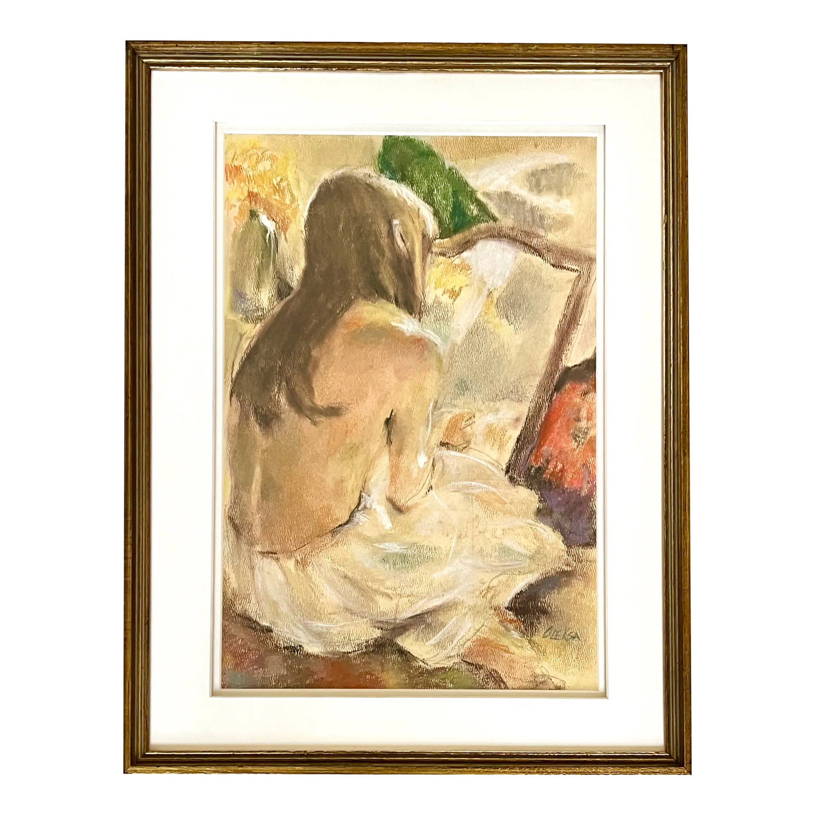 Vintage Pastel Drawing of a Woman: This beautiful intimate pastel drawing depicts a young woman in front of a mirror. The flowing skirt and cut flowers add whimsy and freshness to the work. Signed Oleska. Medium: Pencil and pastel on