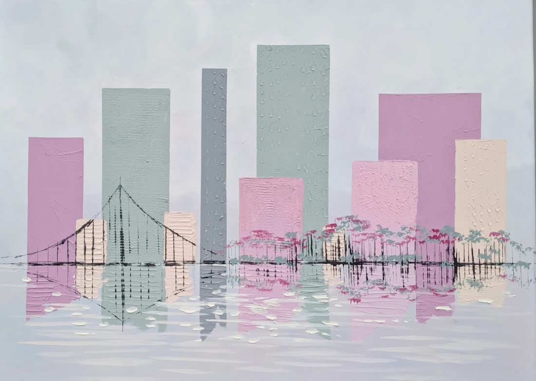 Vintage Postmodern City Skyline Large Scale Painting on Canvas Framed - 2