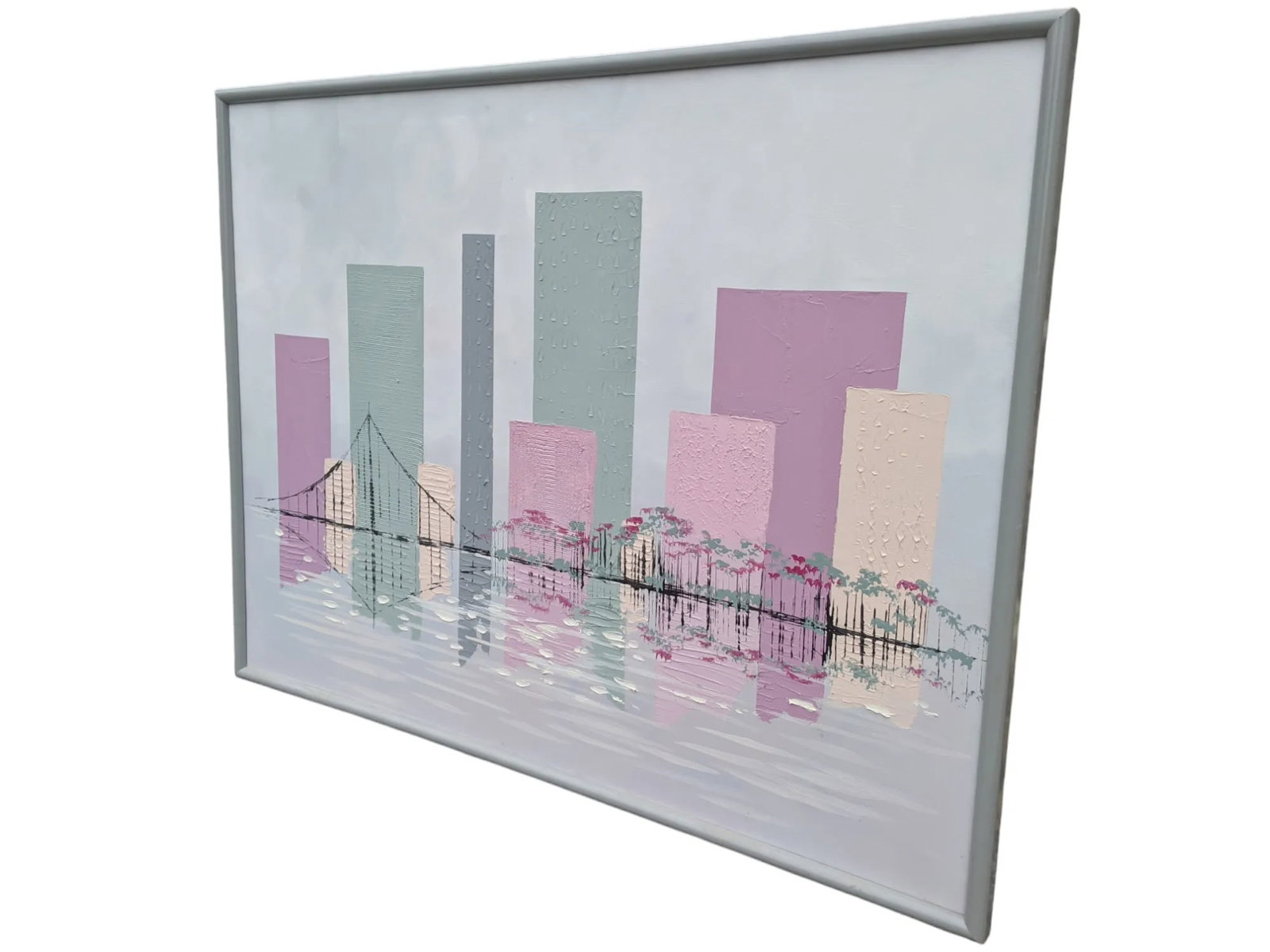 Vintage Postmodern City Skyline Large Scale Painting on Canvas Framed - 7