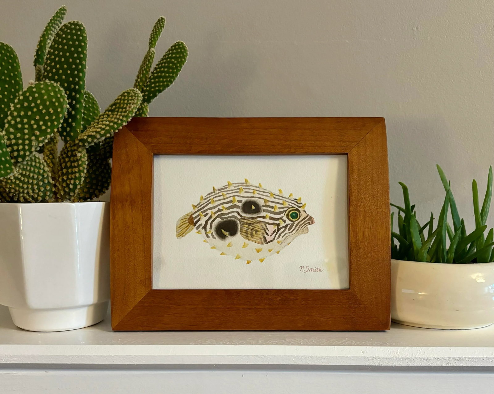 Original Watercolor Painting - Puffer Fish, Framed - 2