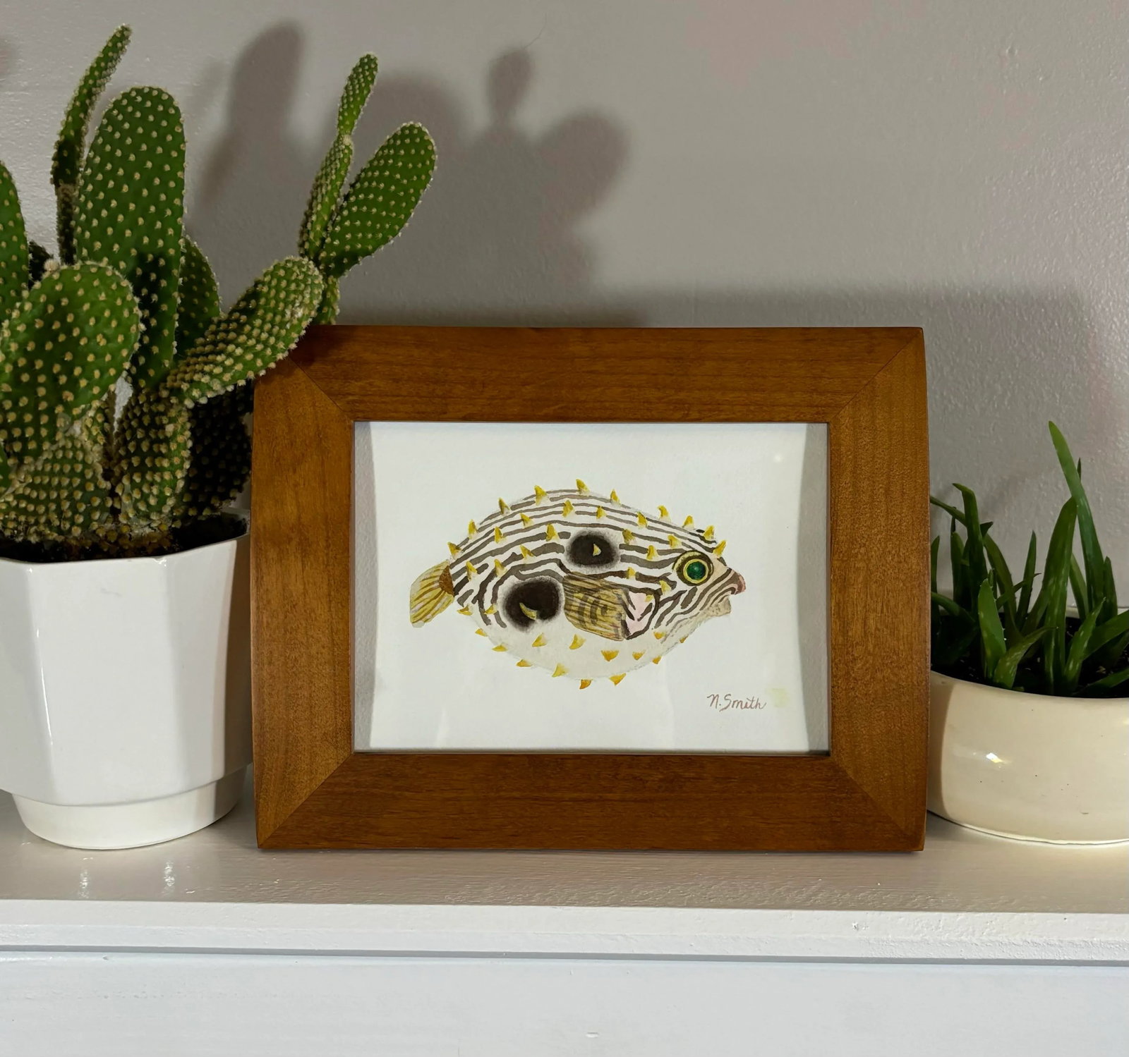 Original Watercolor Painting - Puffer Fish, Framed - 3