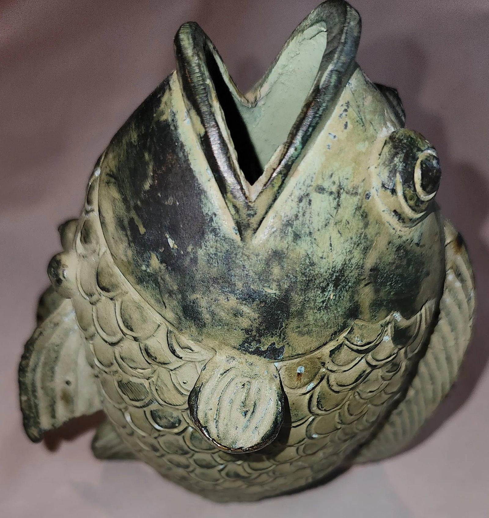 Vintage Chinese Koi Fish Bronze Verde Gris Sculpture/Vase - 3