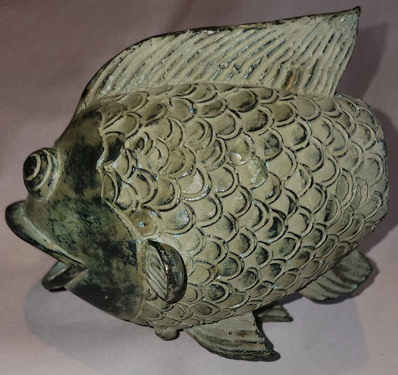 Vintage Chinese Koi Fish Bronze Verde Gris Sculpture/Vase - 4