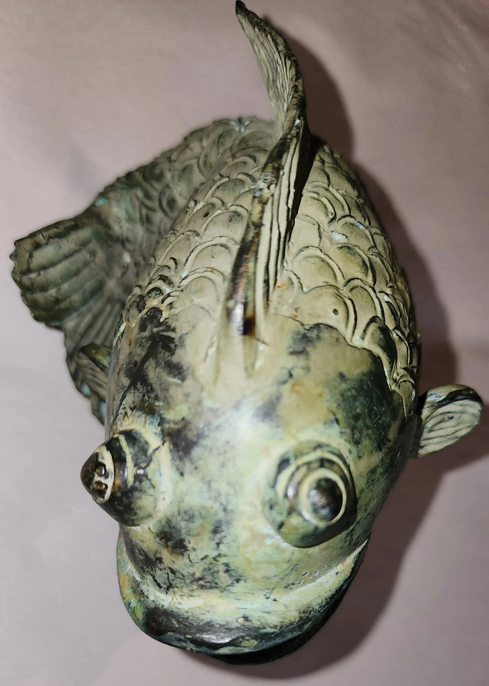Vintage Chinese Koi Fish Bronze Verde Gris Sculpture/Vase - 5