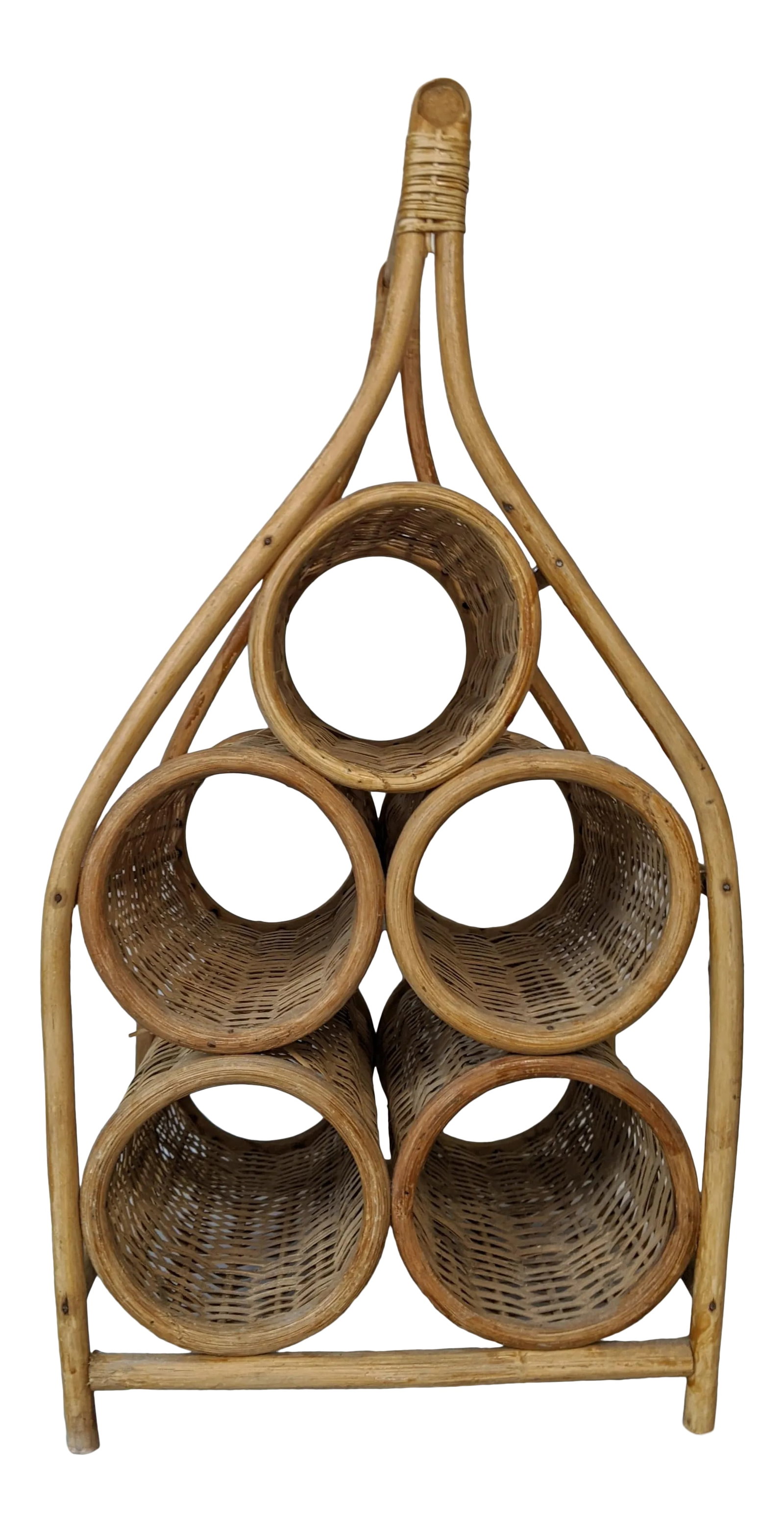 1980s Wicker Wine Caddy: A vintage, wicker wine caddy which holds five bottles of wine. Handcrafted, with wear and patina consistent with age. There is one perceptible defect on the handle, where one side is missing some